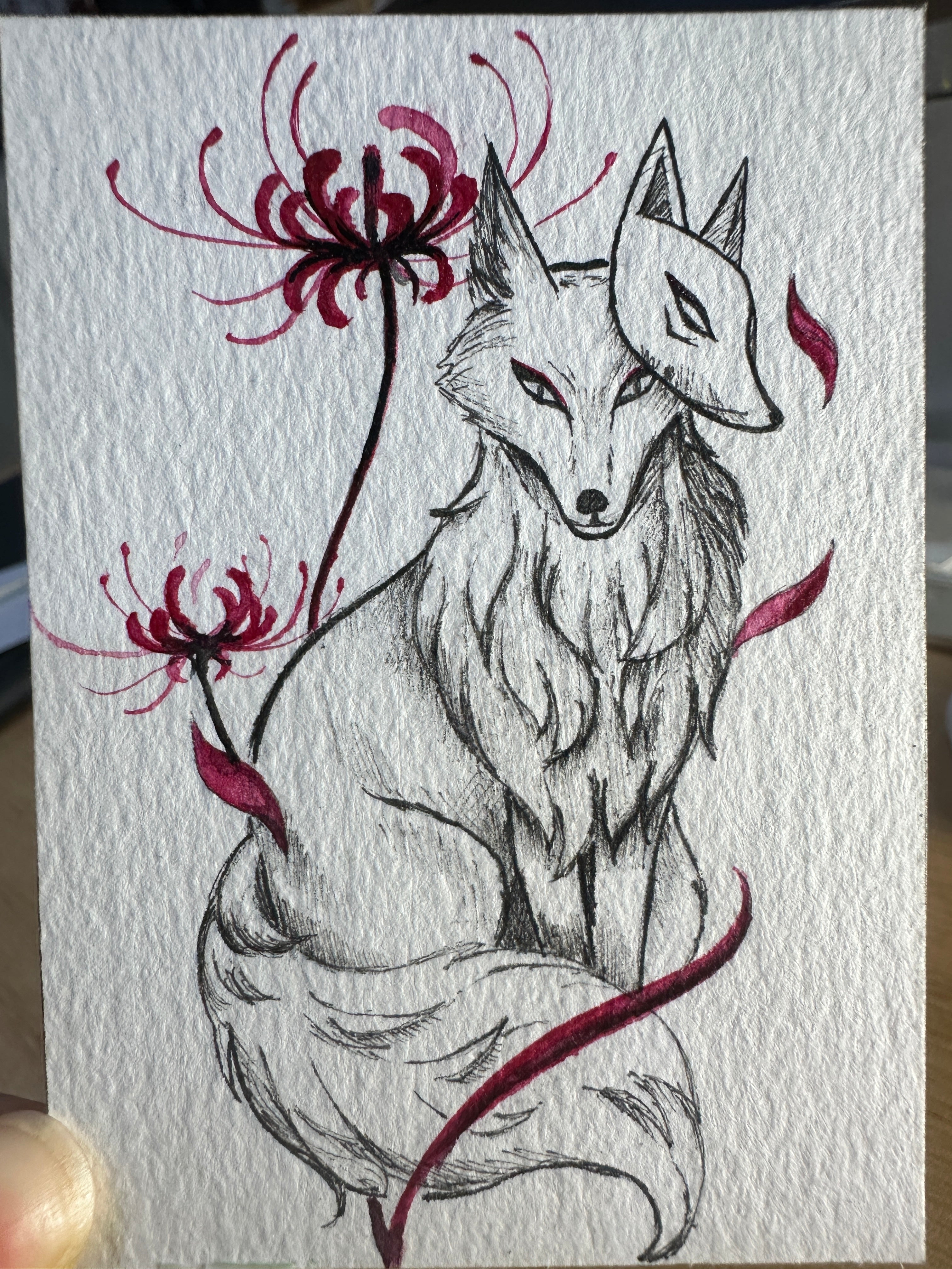 Fox Among the Spider Lilies — Ink ACEO No. 2