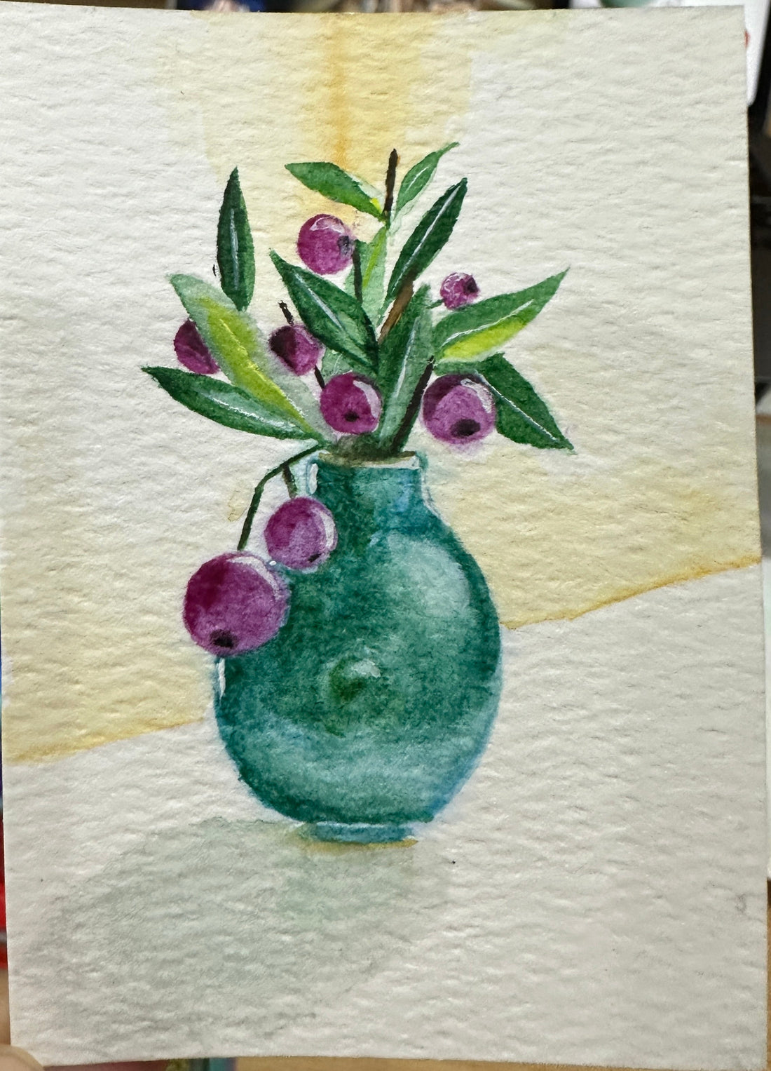 Original ACEO watercolor and gouache painting of magenta berries and green leaves in a teal vase