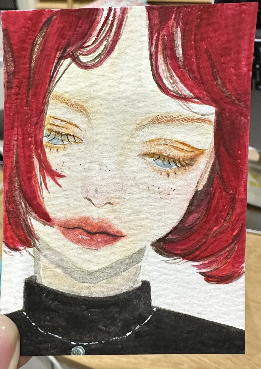 Original ACEO watercolor and gouache portrait of a red-haired girl with freckles