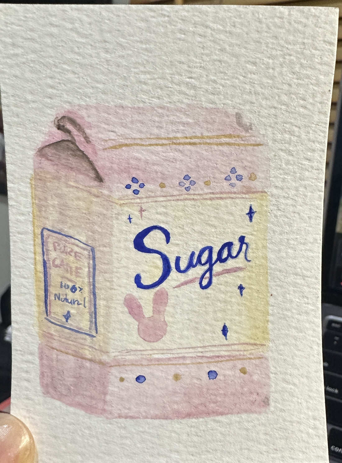 Original ACEO watercolor and gouache painting of a vintage pink sugar carton