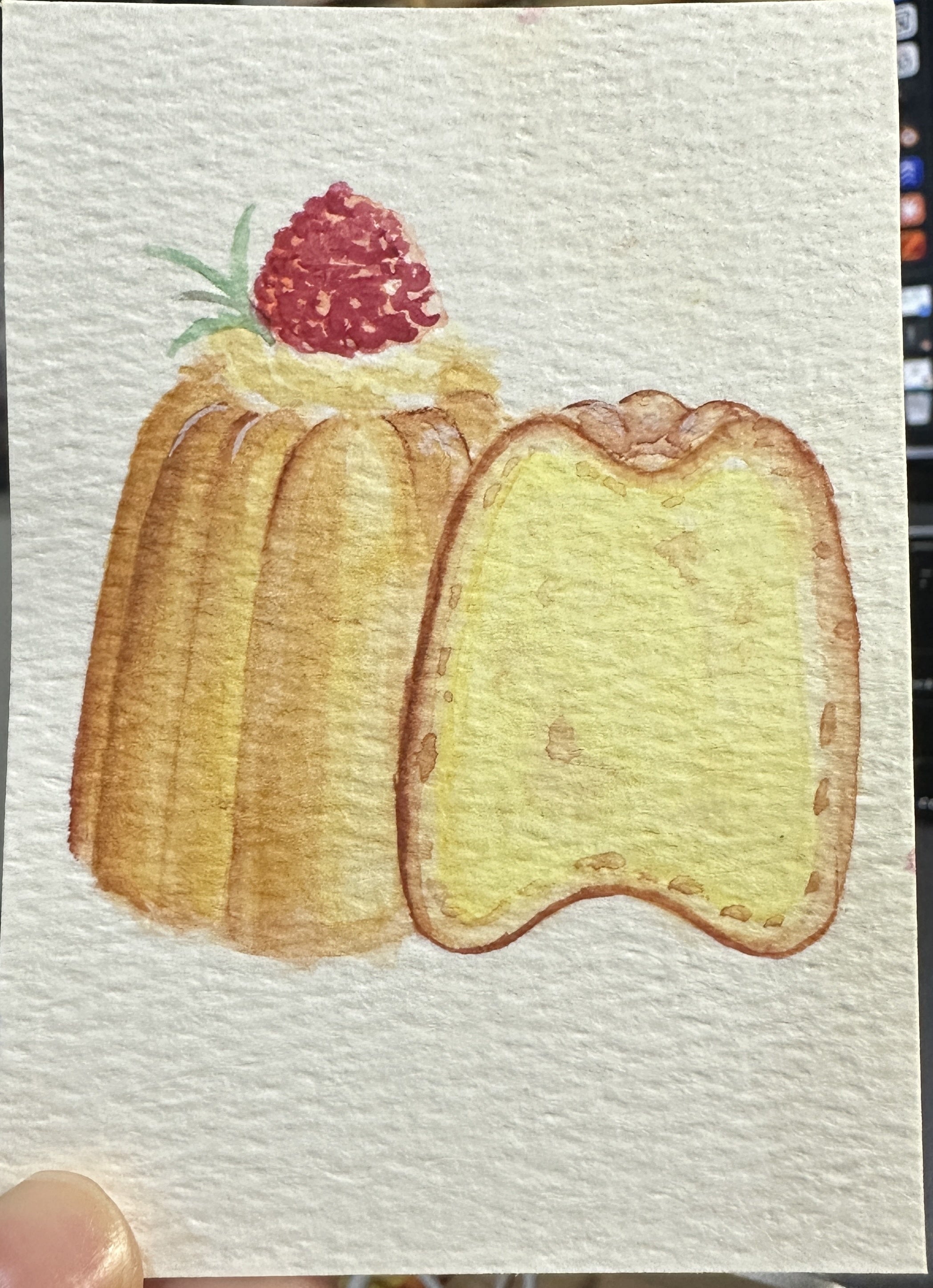 Original ACEO watercolor and gouache painting of canele pastries with a raspberry