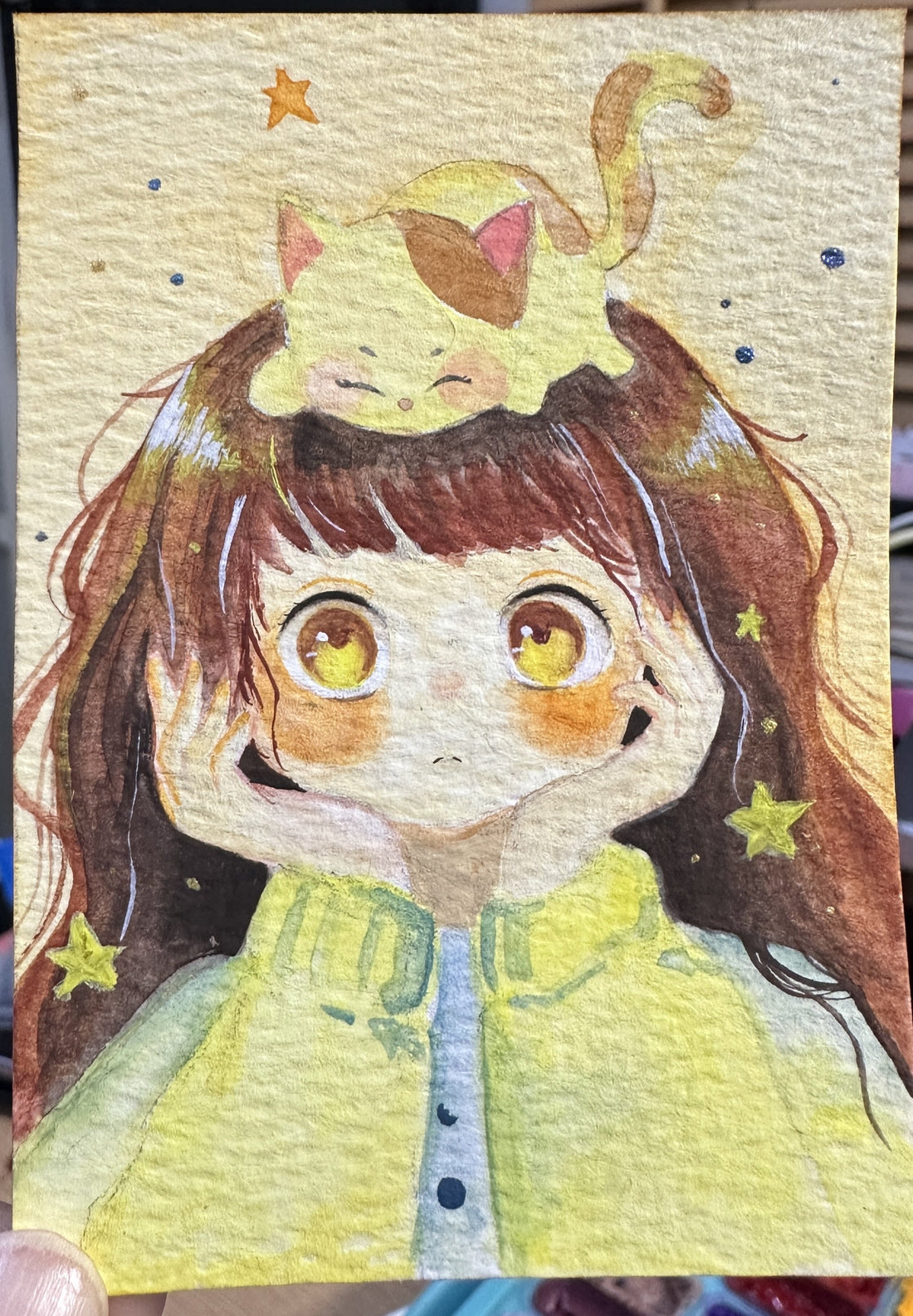 Original ACEO watercolor and gouache painting of a girl with a sleepy cat on her head