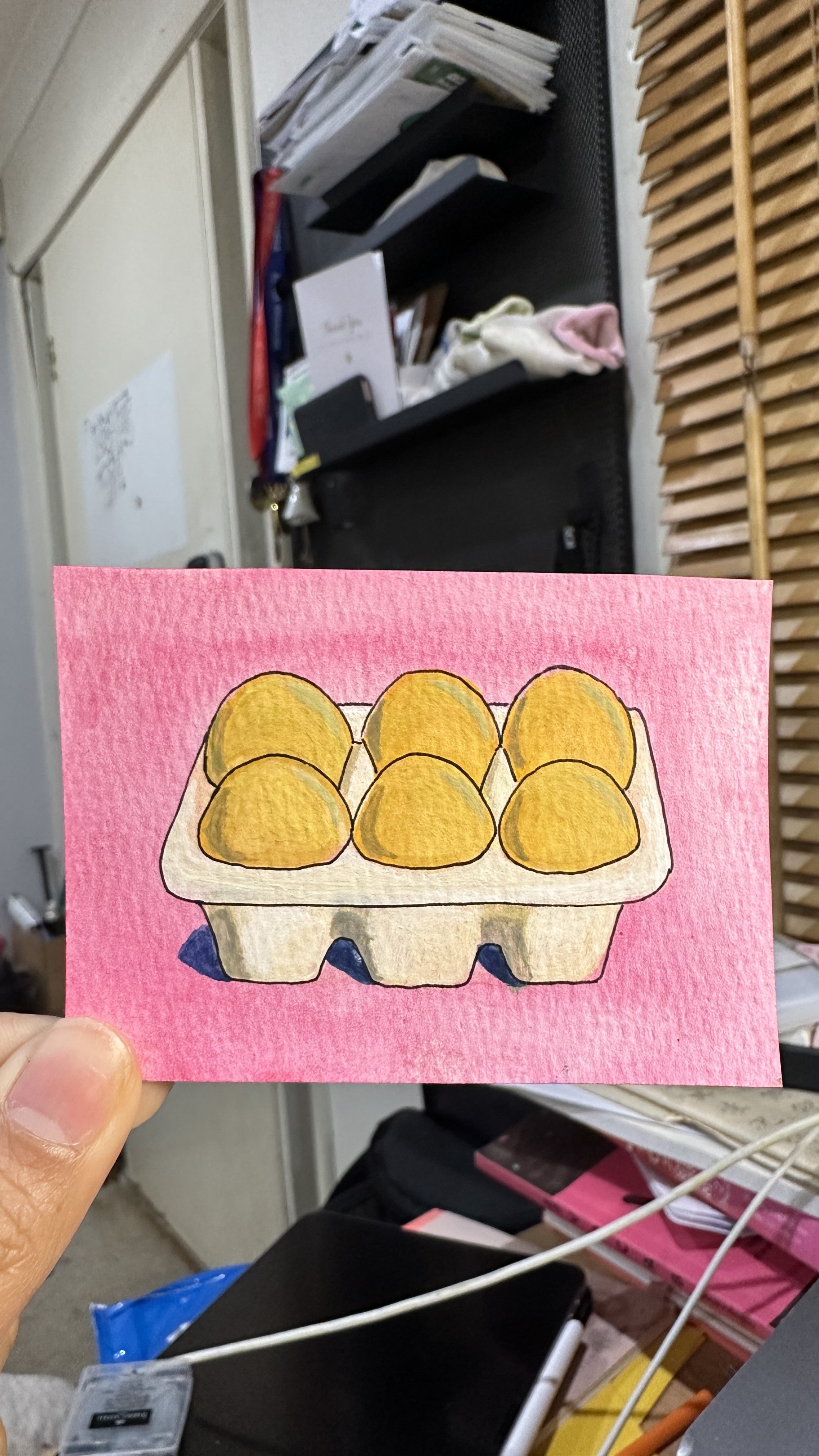 Original ACEO watercolor and gouache painting of an egg carton