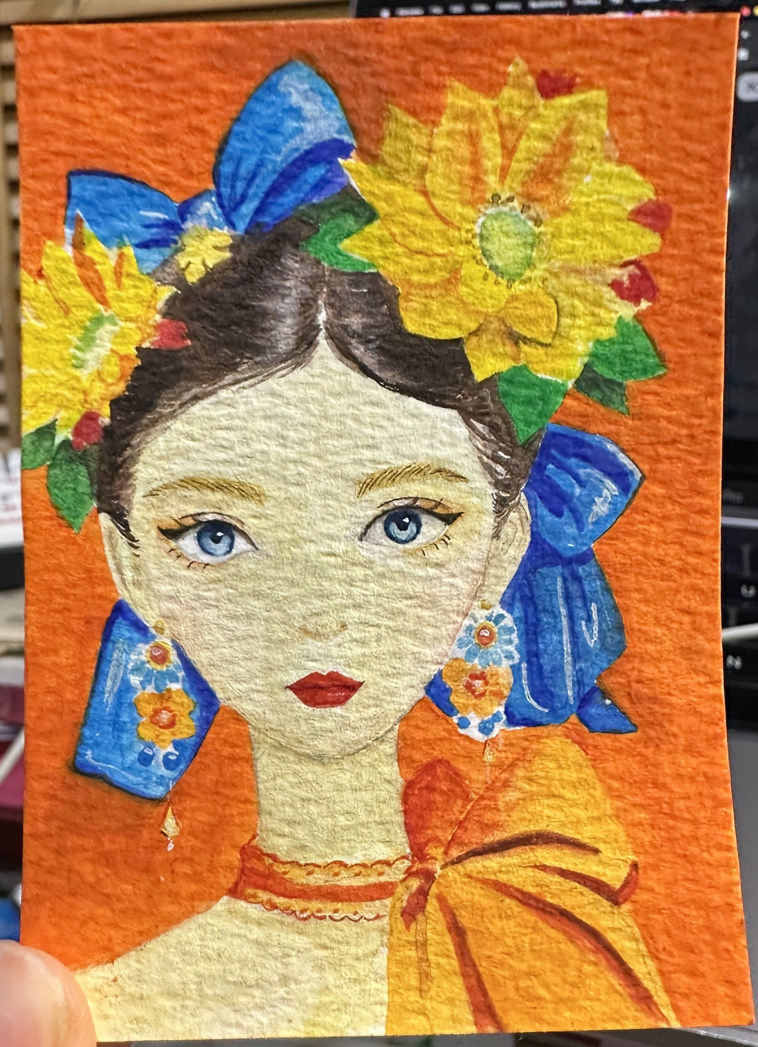 Original ACEO watercolor and gouache portrait of a girl with flowers in her hair