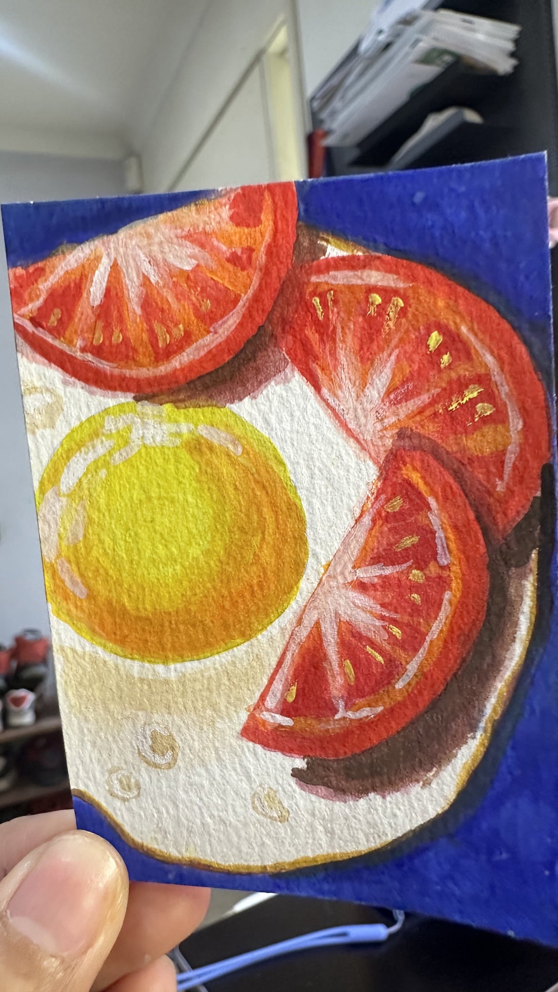 Original ACEO watercolor and gouache painting of a fried egg with tomato slices