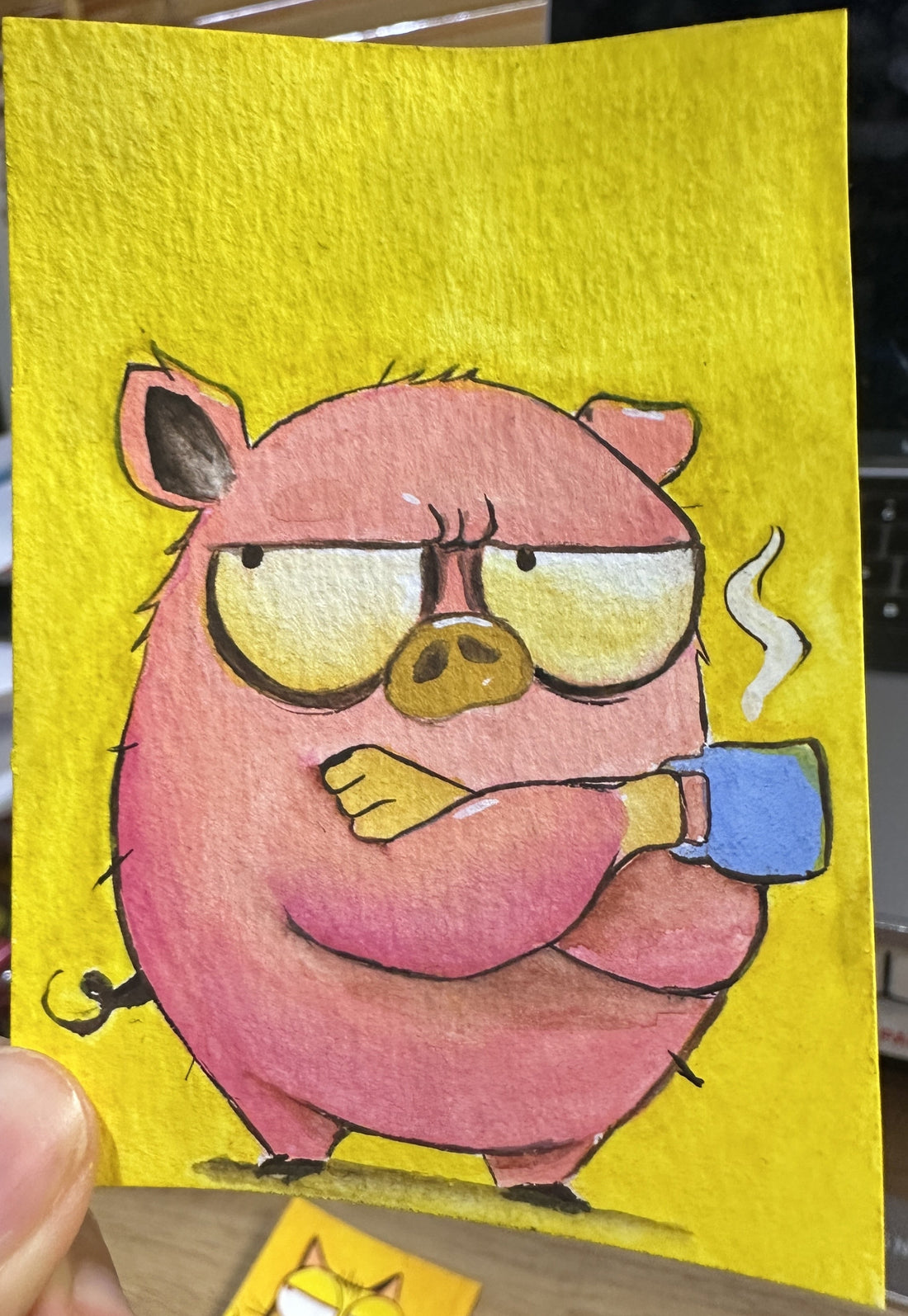 Original ACEO watercolor and gouache painting of a grumpy pig holding a coffee mug