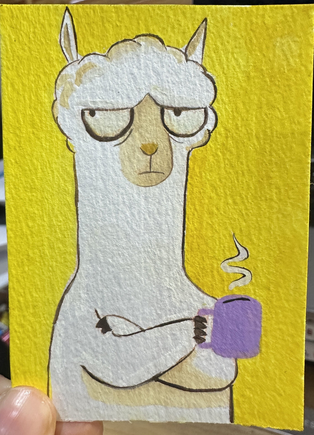 Original ACEO watercolor and gouache painting of a grumpy llama holding a coffee mug