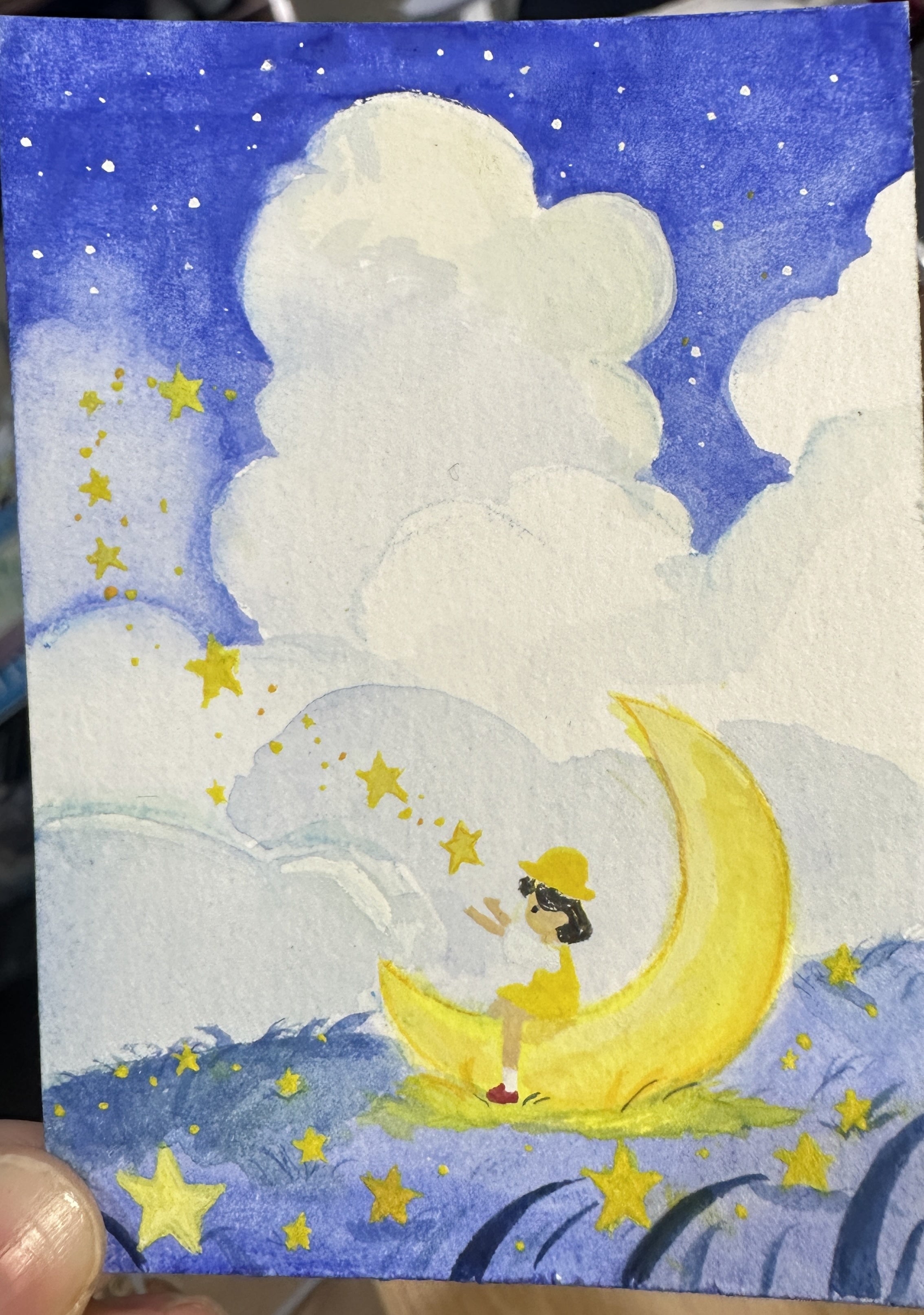 Original ACEO watercolor and gouache painting of a girl sitting on a crescent moon