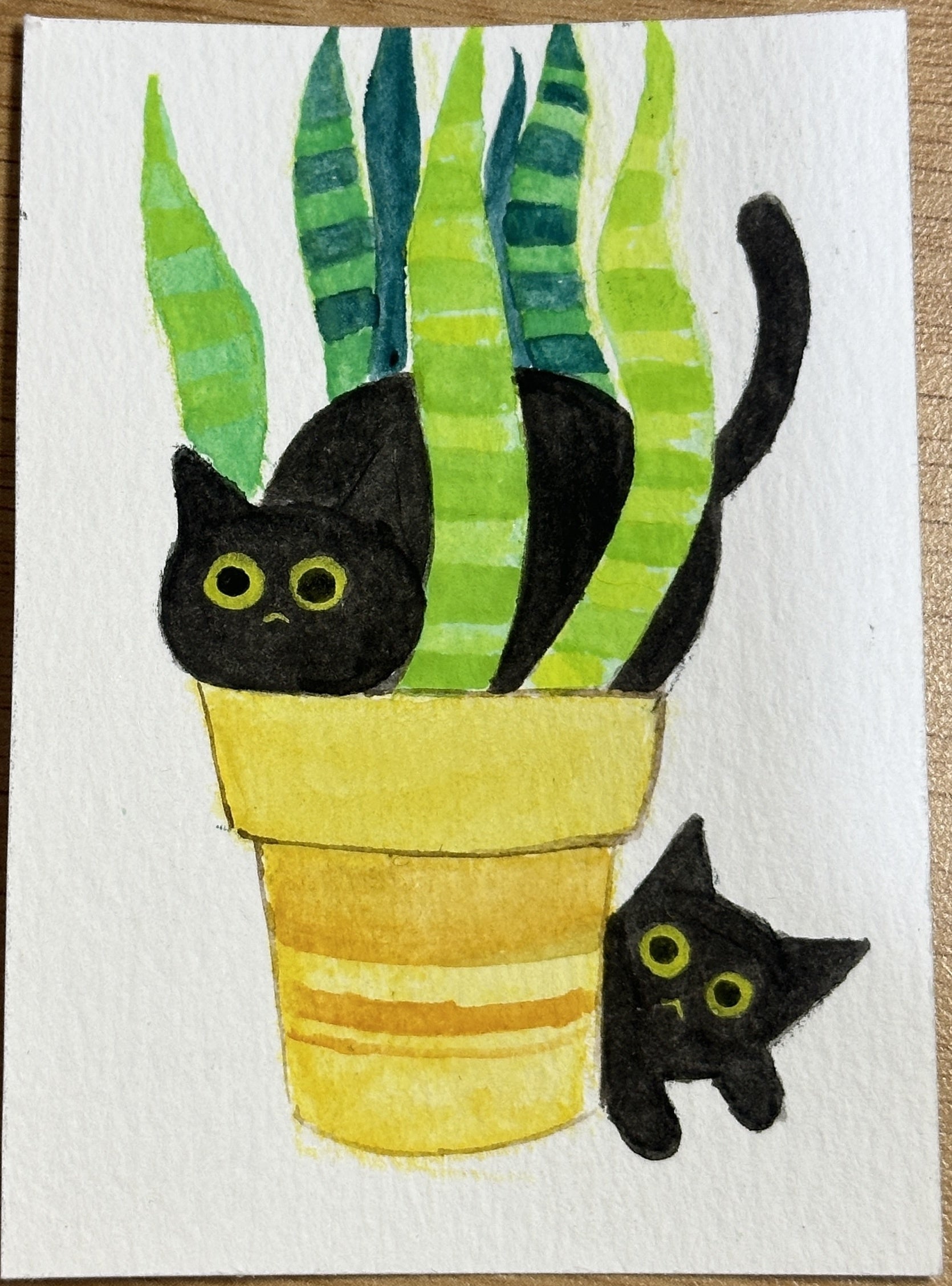 Original ACEO watercolor and gouache painting of two black cats in a snake plant