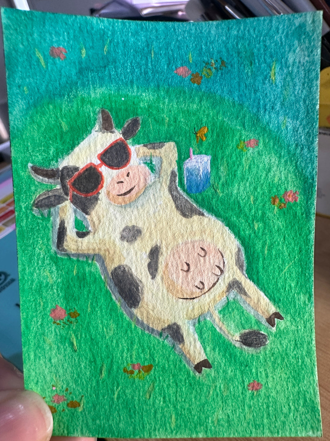 Sunglasses Cow — New Original ACEO Watercolor Now on eBay