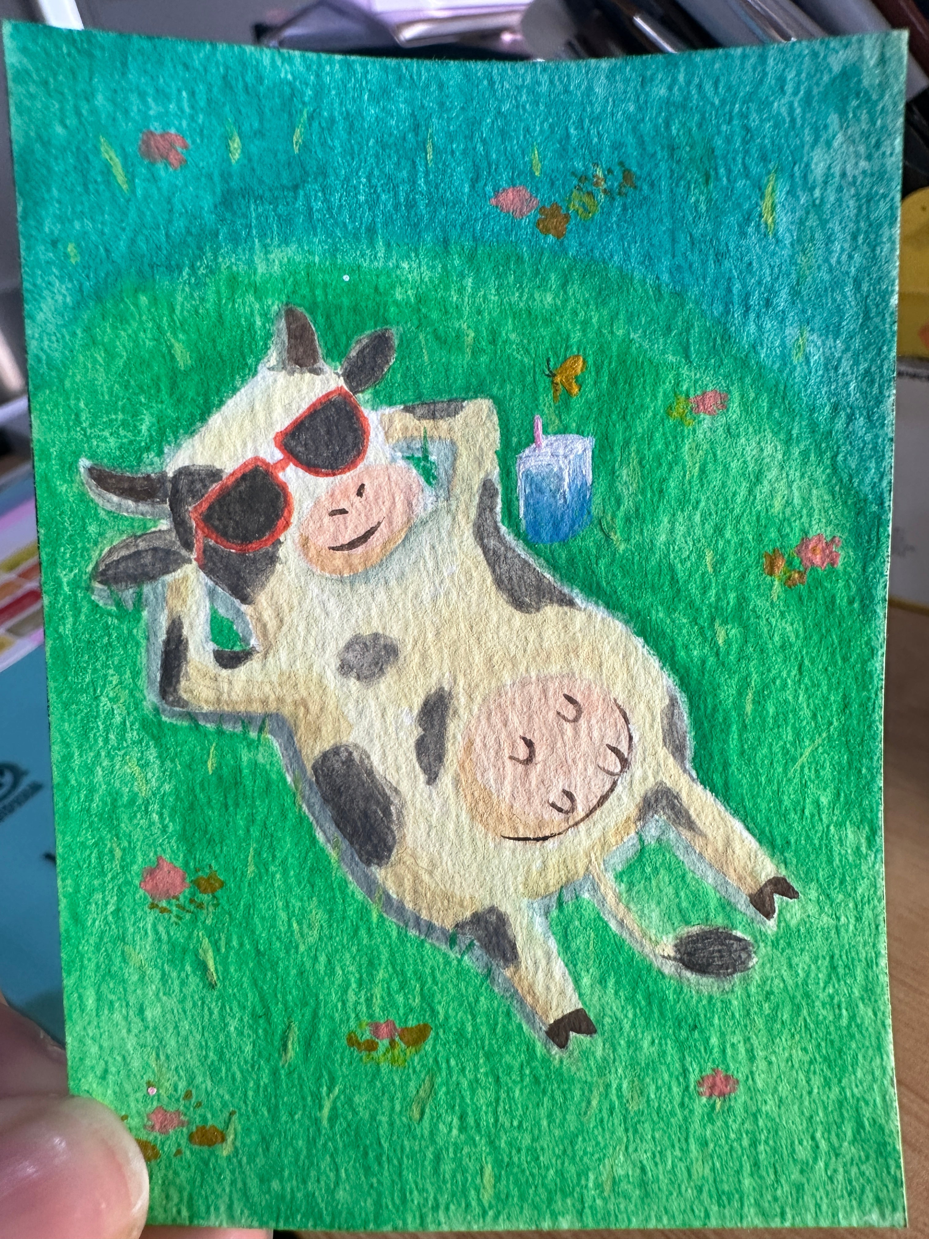 Sunglasses Cow — New Original ACEO Watercolor Now on eBay