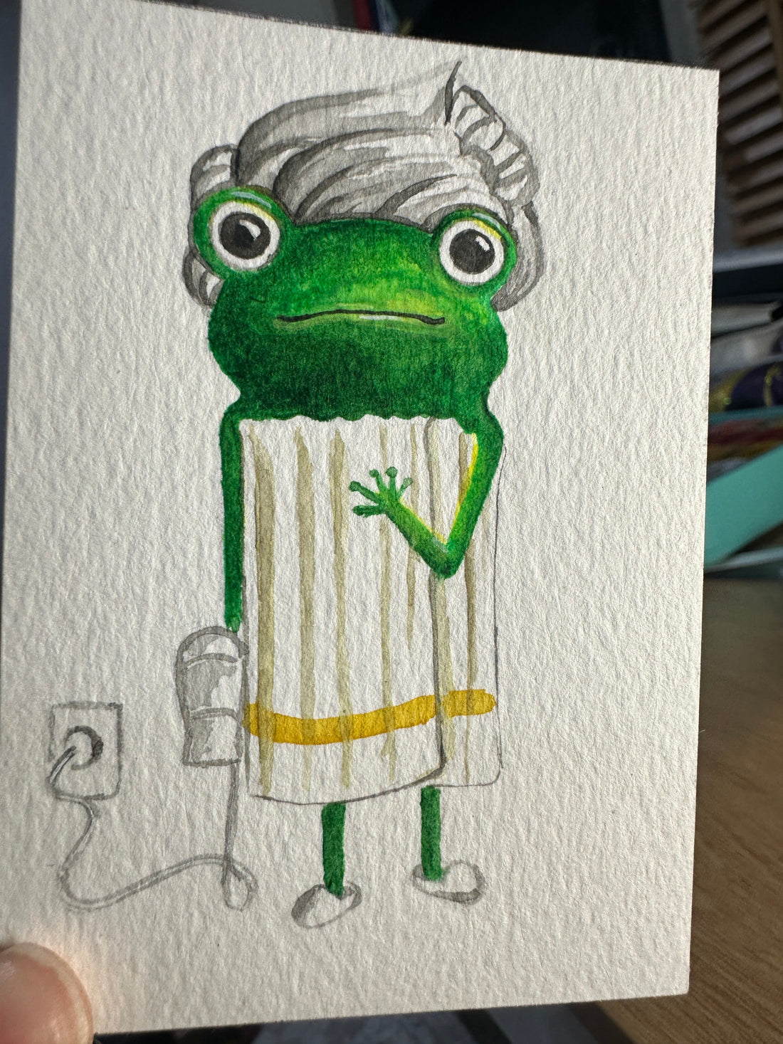 Original ACEO watercolor and gouache painting of a grumpy frog wrapped in a towel with hair curlers