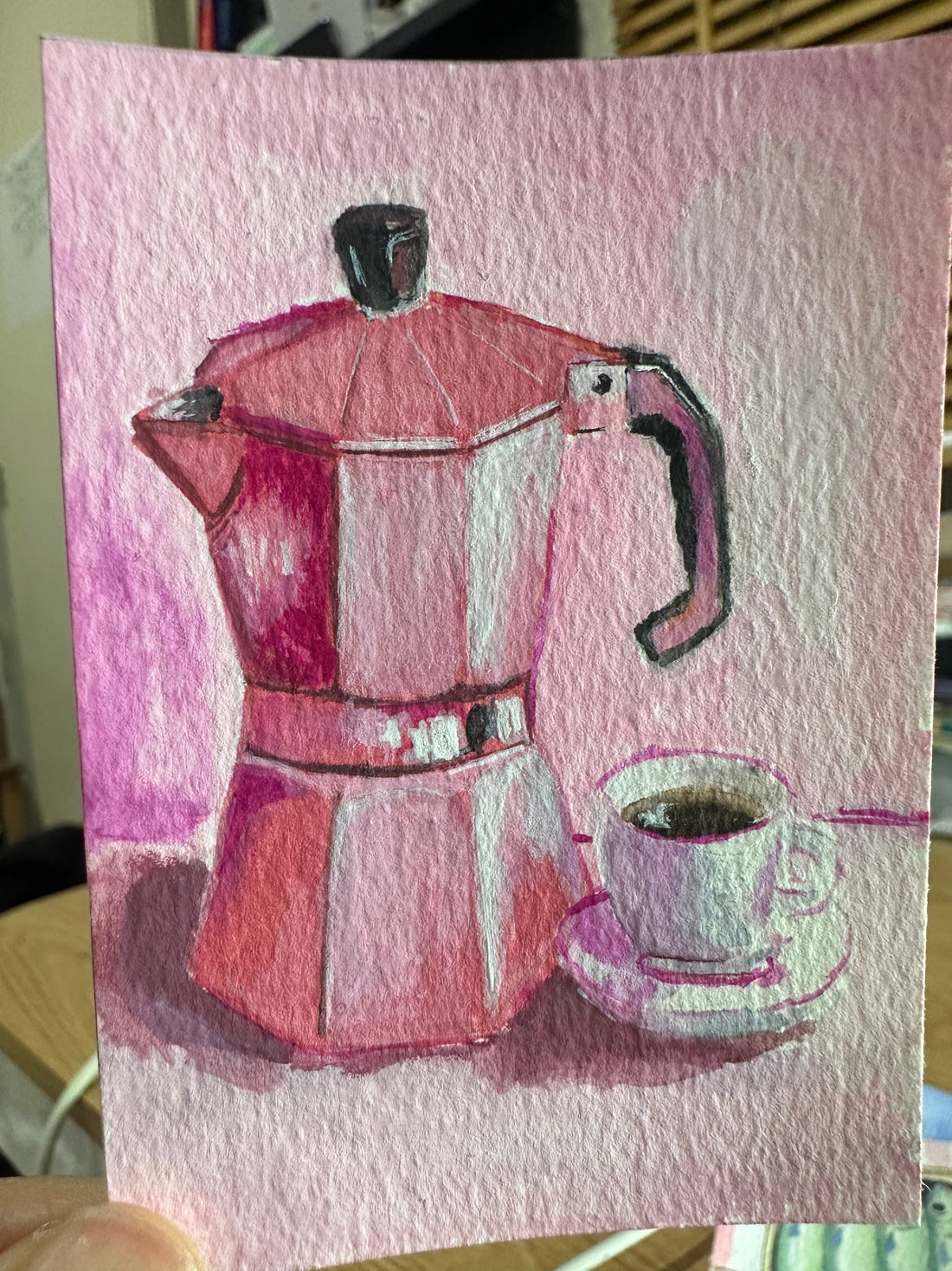 Pink Moka Pot with Coffee — New Original ACEO Now in the Shop