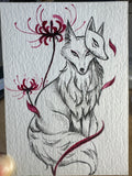Fox Among the Spider Lilies — Original Ink ACEO
