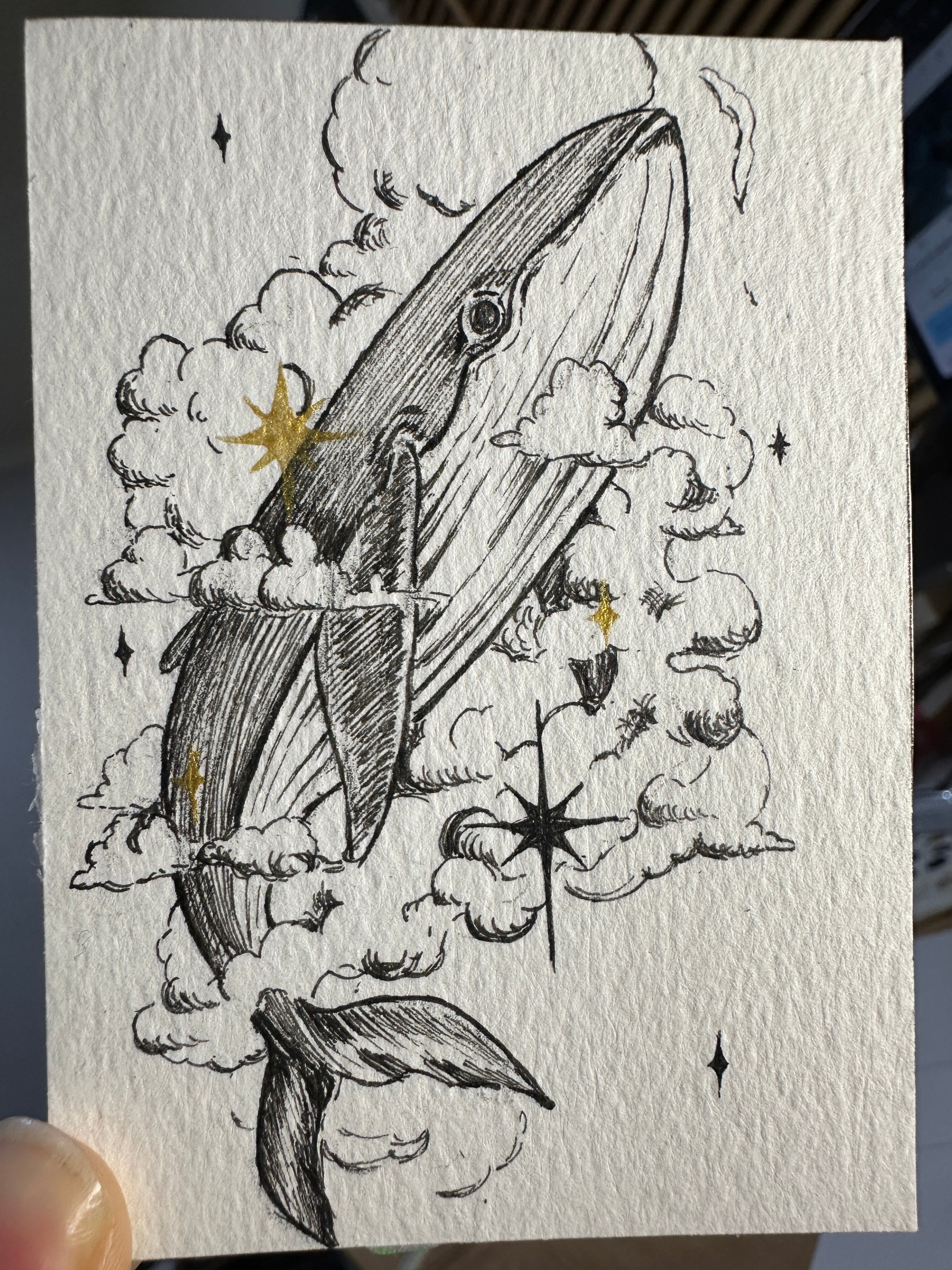 Whale Among the Clouds — Original Ink ACEO