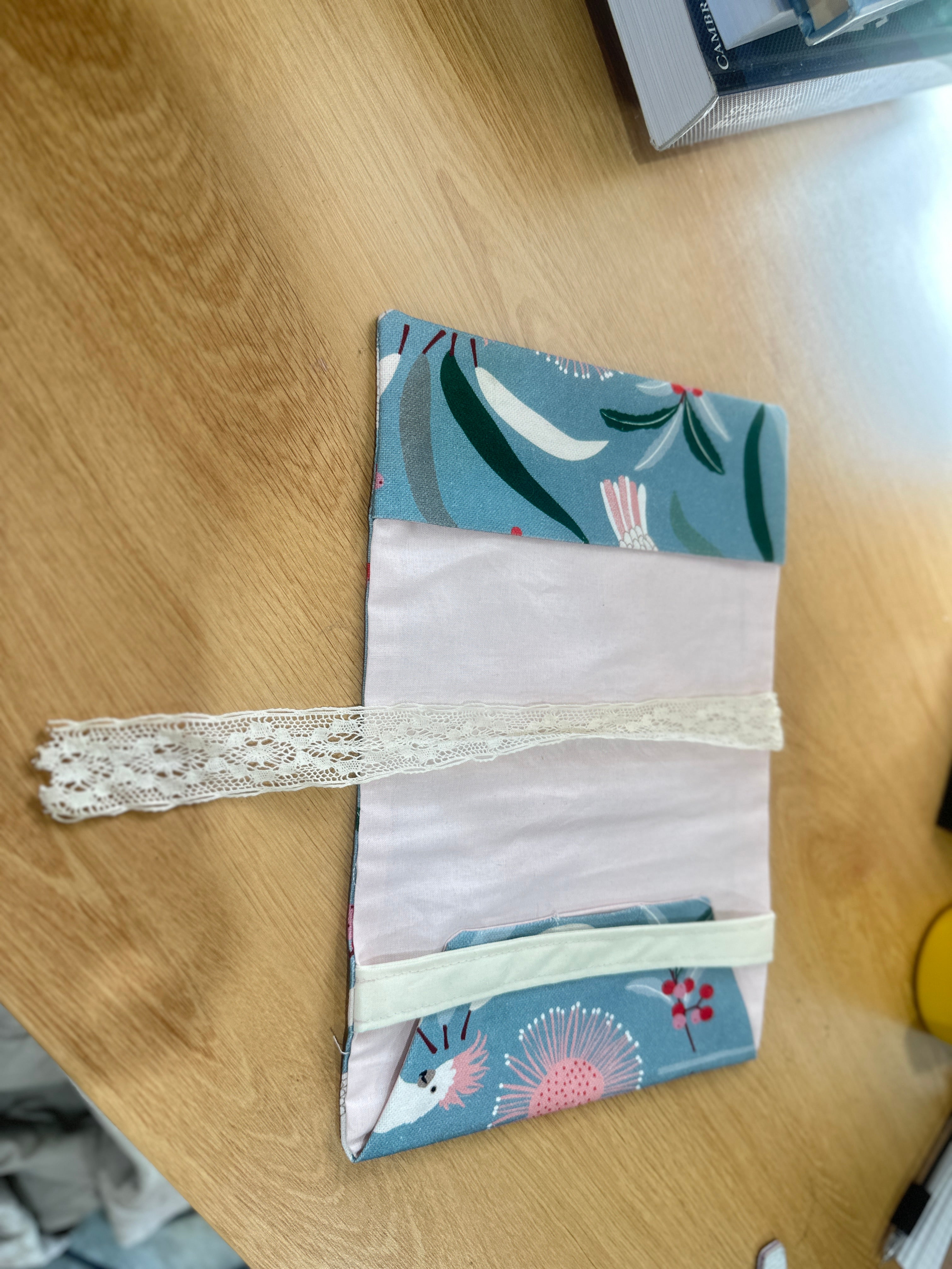 Handmade Fabric Book Cover with Lace Ribbon Bookmark | Floral Bird Design | PUNPARIN ART