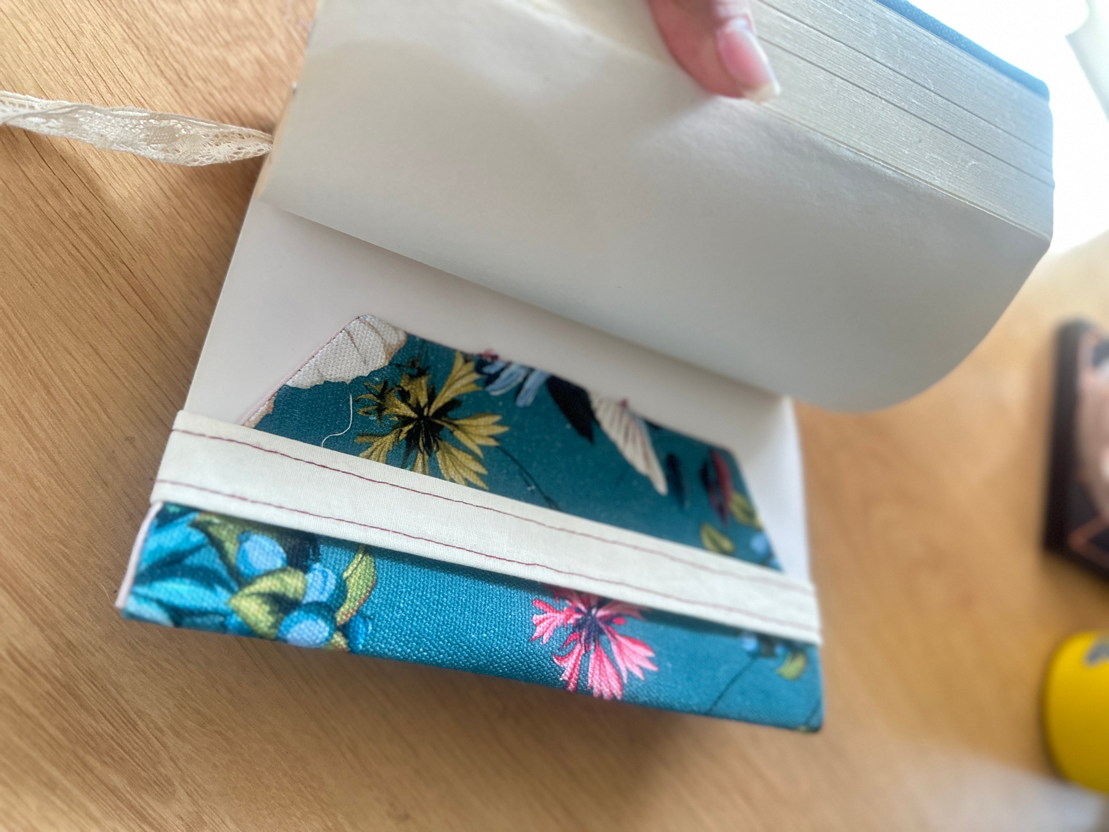 Handmade Fabric Book Cover with Lace Ribbon Bookmark | Floral Bird Design | PUNPARIN ART