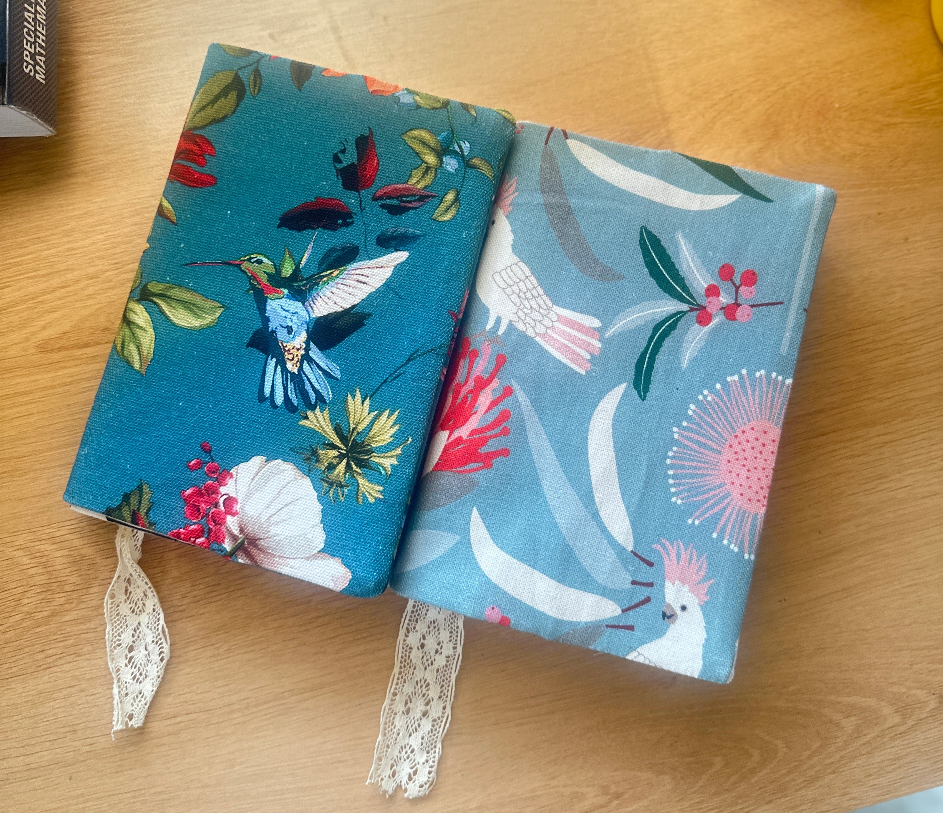 Handmade Fabric Book Cover with Lace Ribbon Bookmark | Floral Bird Design | PUNPARIN ART