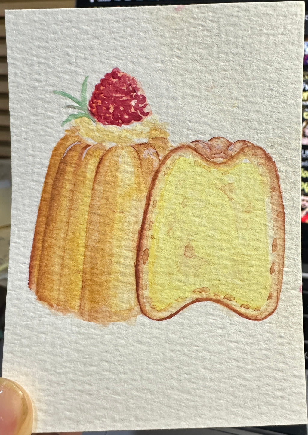 Canele French Pastry Raspberry — Original ACEO Gouache Painting | 2.5×3.5" | PUNPARIN