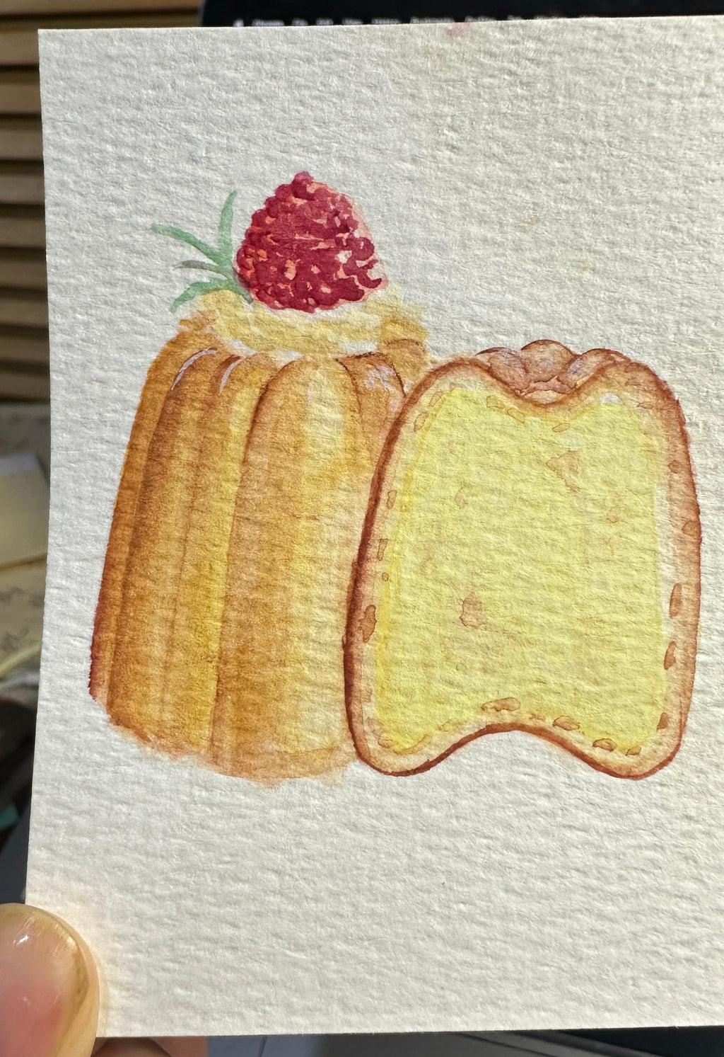 Canele French Pastry Raspberry — Original ACEO Gouache Painting | 2.5×3.5" | PUNPARIN
