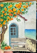 Mediterranean Orange Tree Seascape — Original ACEO Gouache Painting | 2.5×3.5" | PUNPARIN