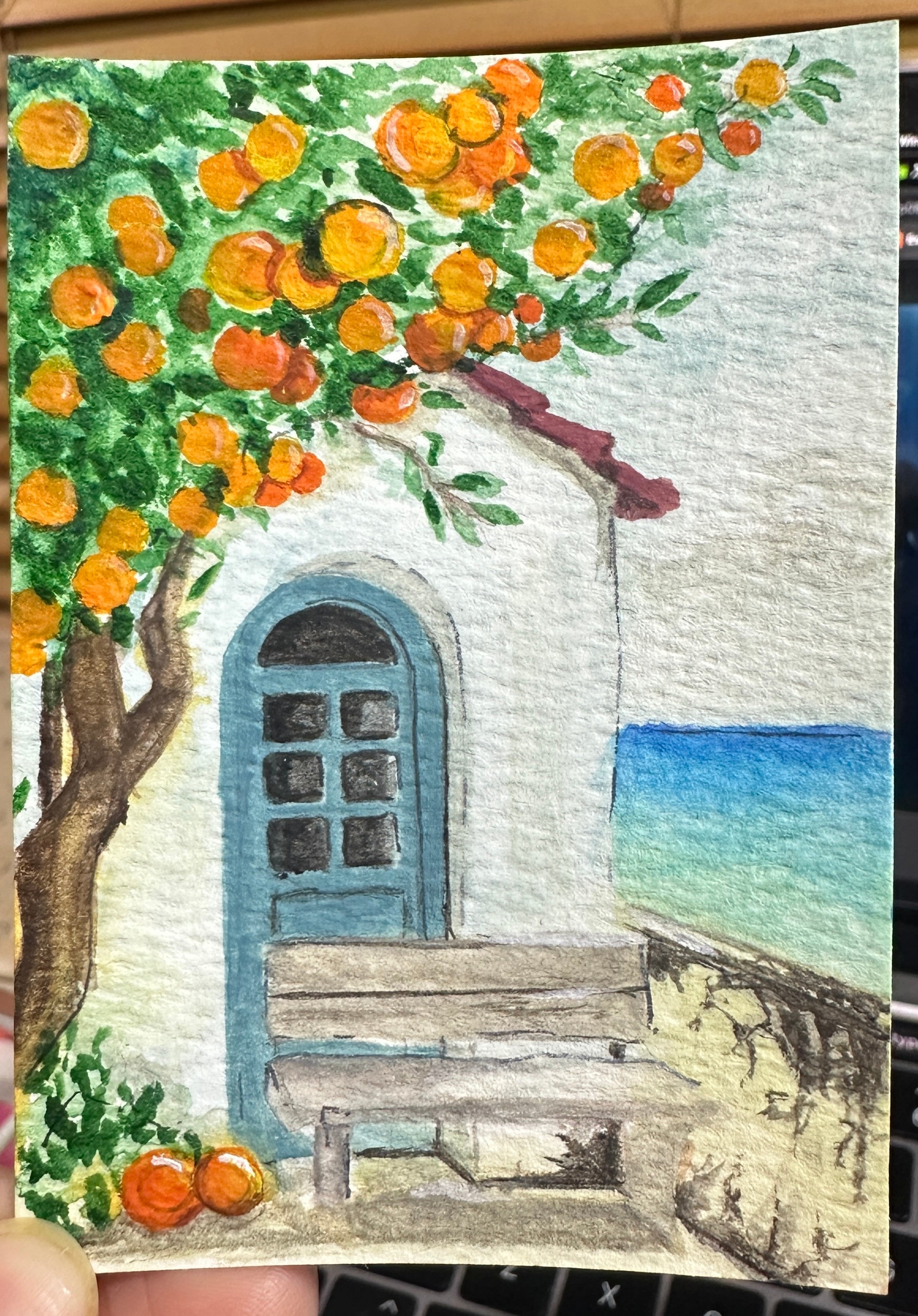 Mediterranean Orange Tree Seascape — Original ACEO Gouache Painting | 2.5×3.5" | PUNPARIN