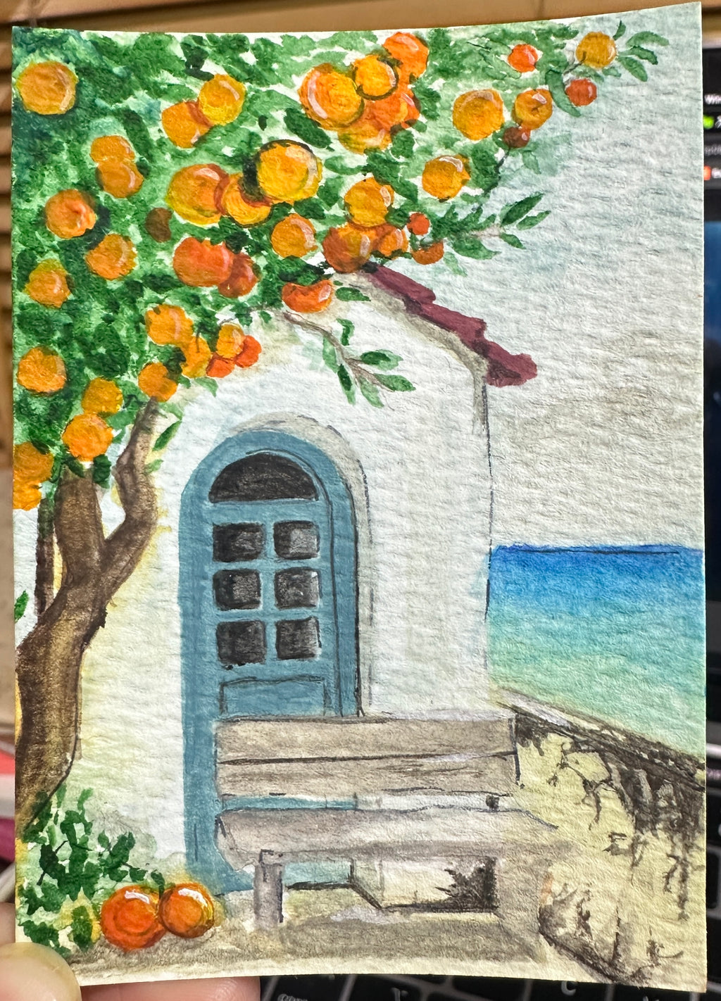 Mediterranean Orange Tree Seascape — Original ACEO Gouache Painting | 2.5×3.5" | PUNPARIN