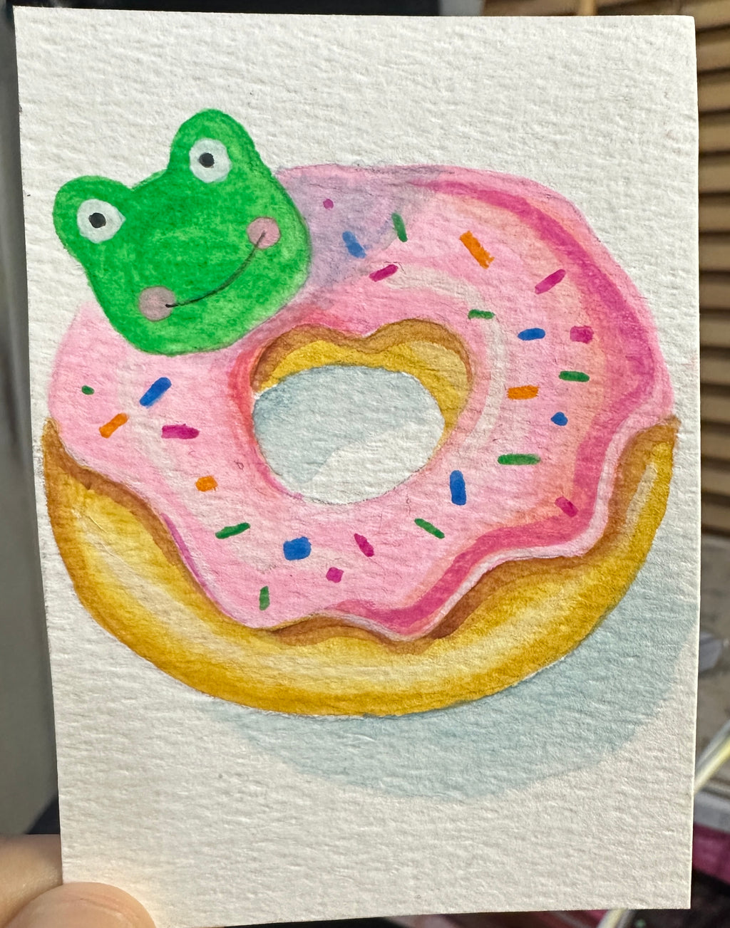 Kawaii Frog Pink Donut Sprinkles — Original ACEO Gouache Painting | 2.5×3.5" | PUNPARIN