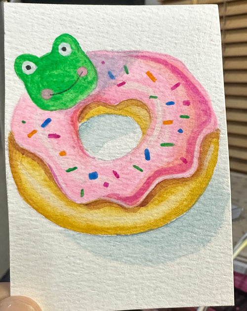 Kawaii Frog Pink Donut Sprinkles — Original ACEO Gouache Painting | 2.5×3.5" | PUNPARIN
