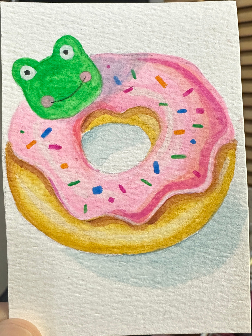 Kawaii Frog Pink Donut Sprinkles — Original ACEO Gouache Painting | 2.5×3.5" | PUNPARIN