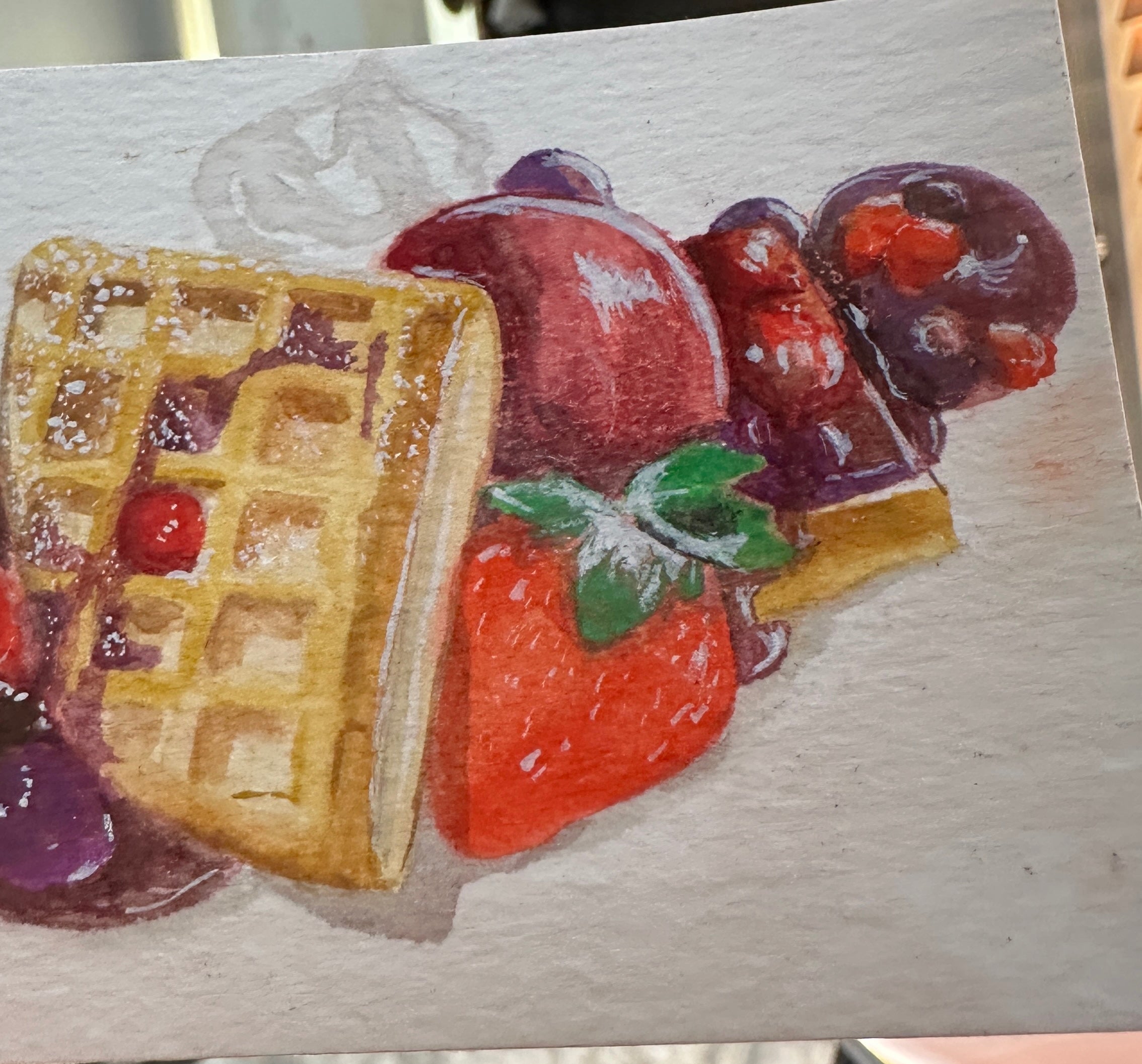 Waffle Berries Strawberry Dessert — Original ACEO Gouache Painting | 2.5×3.5" | PUNPARIN