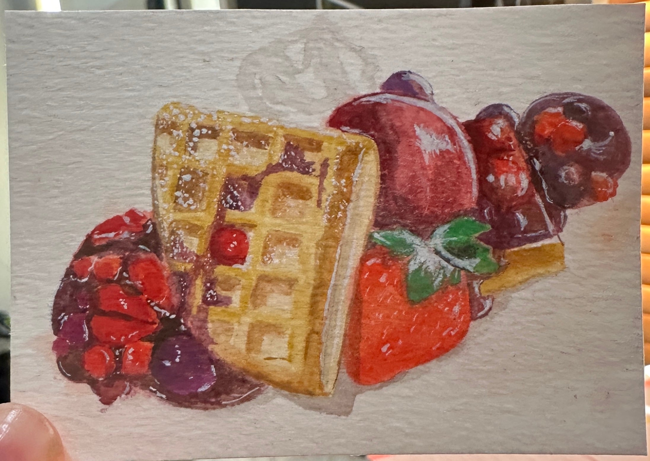 Waffle Berries Strawberry Dessert — Original ACEO Gouache Painting | 2.5×3.5" | PUNPARIN