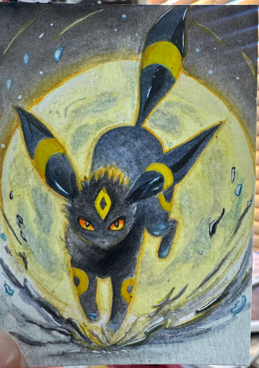 Umbreon Fan Art Moon Glow — Original ACEO Gouache Painting | 2.5×3.5" | PUNPARIN