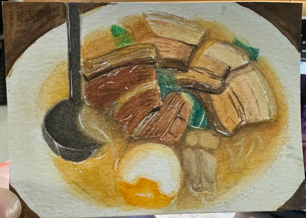 Ramen Bowl Pork Belly Egg Noodle — Original ACEO Gouache Painting | 2.5×3.5" | PUNPARIN