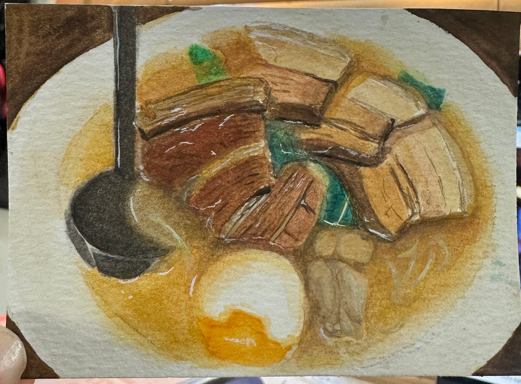 Ramen Bowl Pork Belly Egg Noodle — Original ACEO Gouache Painting | 2.5×3.5" | PUNPARIN