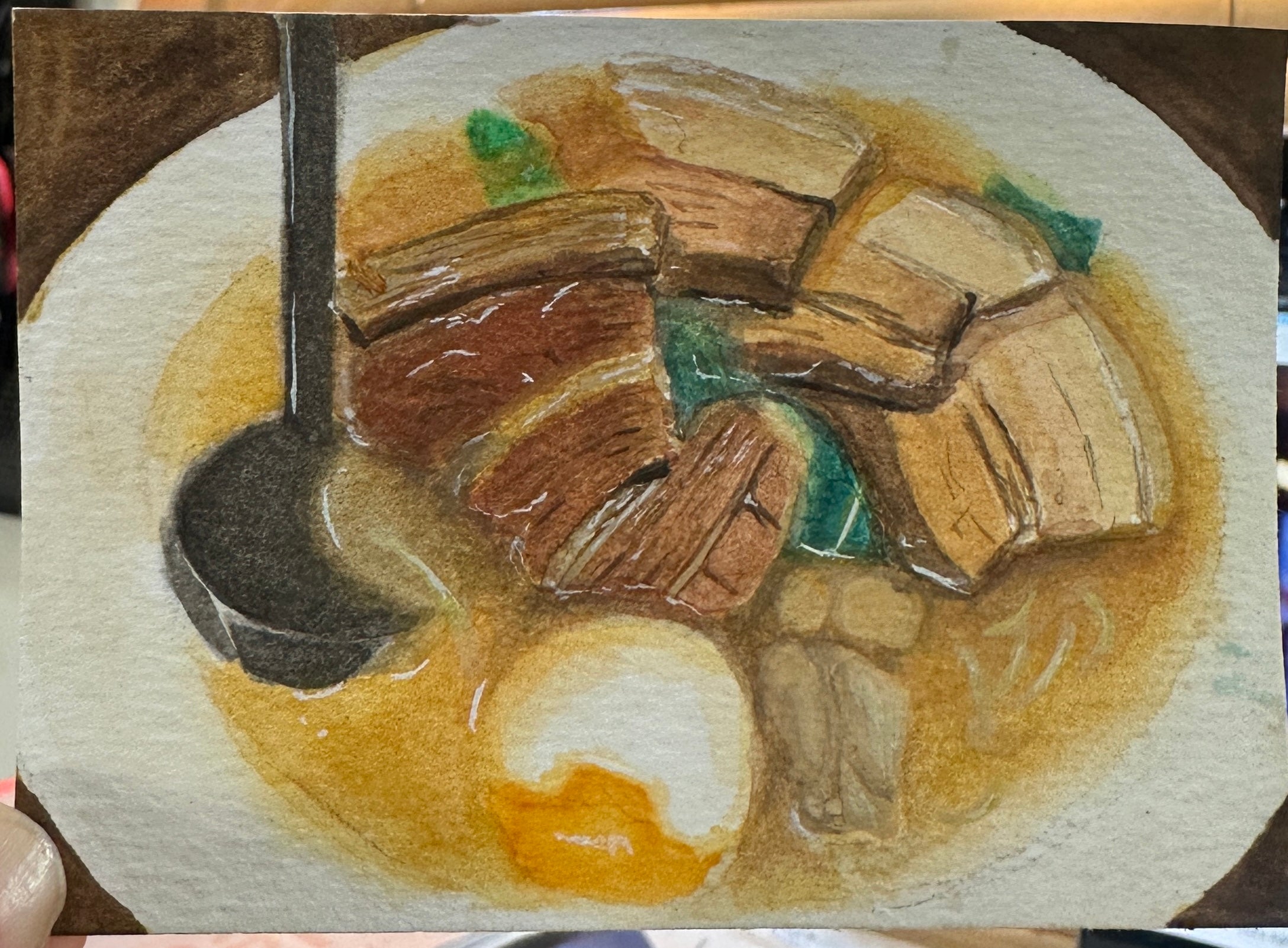 Ramen Bowl Pork Belly Egg Noodle — Original ACEO Gouache Painting | 2.5×3.5" | PUNPARIN