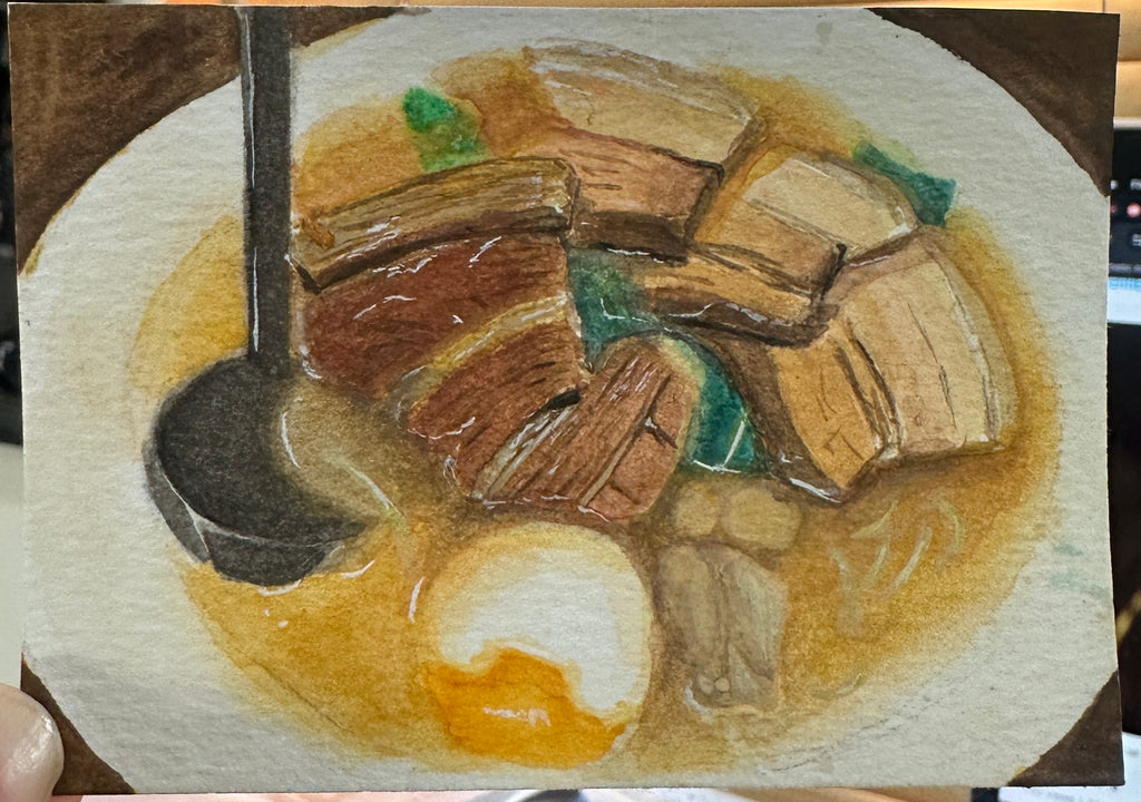 Ramen Bowl Pork Belly Egg Noodle — Original ACEO Gouache Painting | 2.5×3.5" | PUNPARIN