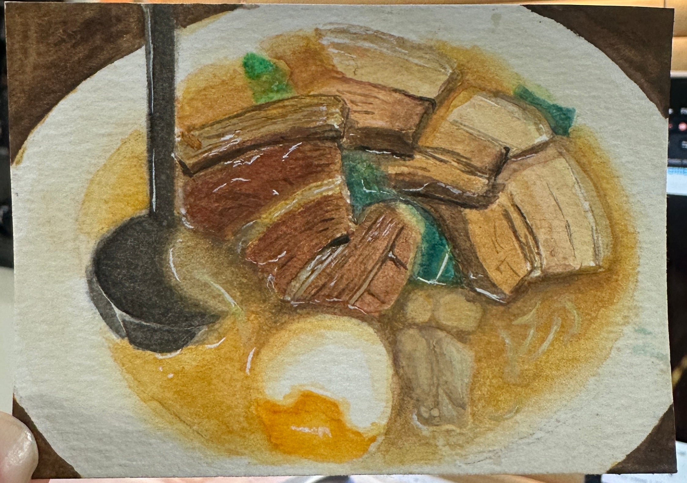 Ramen Bowl Pork Belly Egg Noodle — Original ACEO Gouache Painting | 2.5×3.5" | PUNPARIN