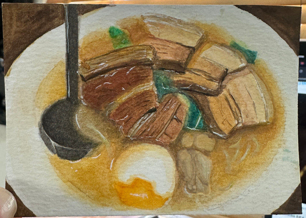 Ramen Bowl Pork Belly Egg Noodle — Original ACEO Gouache Painting | 2.5×3.5" | PUNPARIN