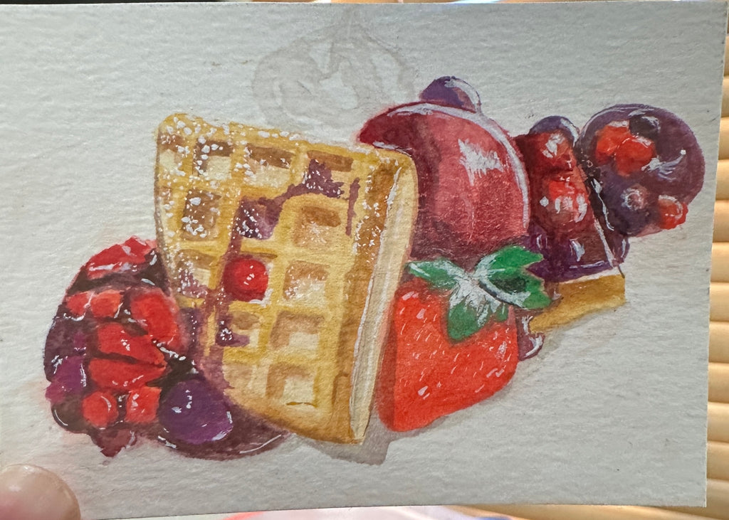 Waffle Berries Strawberry Dessert — Original ACEO Gouache Painting | 2.5×3.5" | PUNPARIN