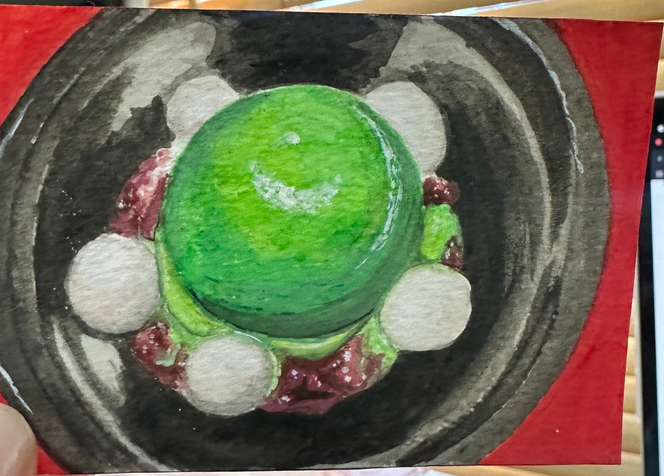Matcha Mochi Red Bean Dessert — Original ACEO Gouache Painting | 2.5×3.5" | PUNPARIN