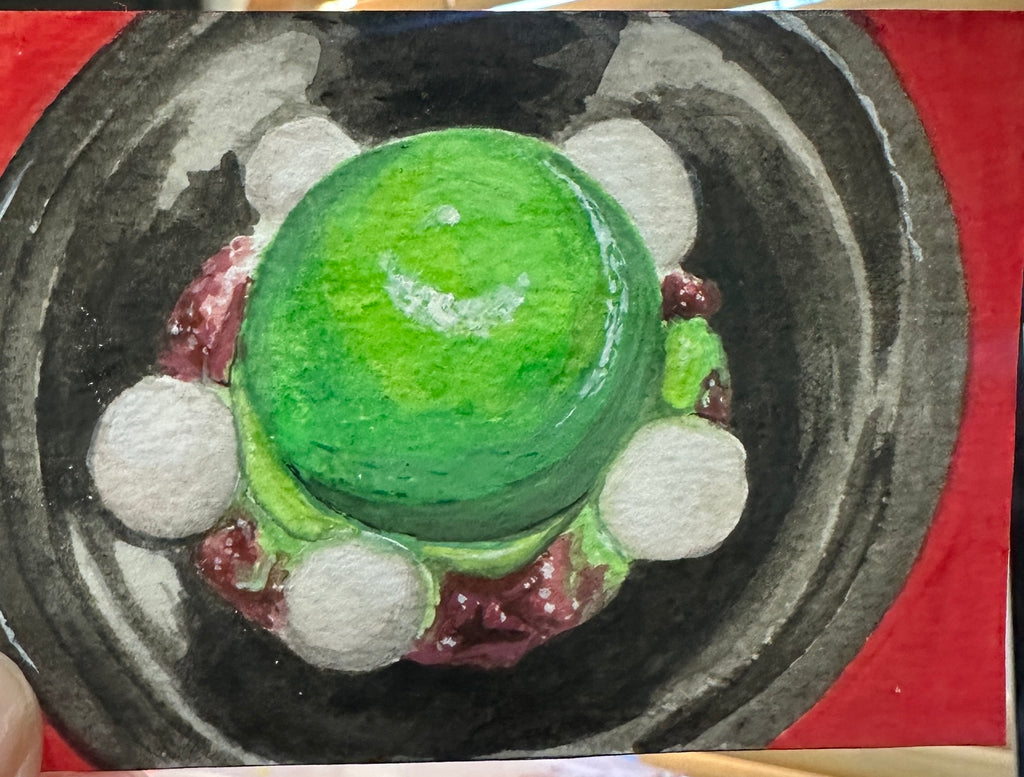 Matcha Mochi Red Bean Dessert — Original ACEO Gouache Painting | 2.5×3.5" | PUNPARIN