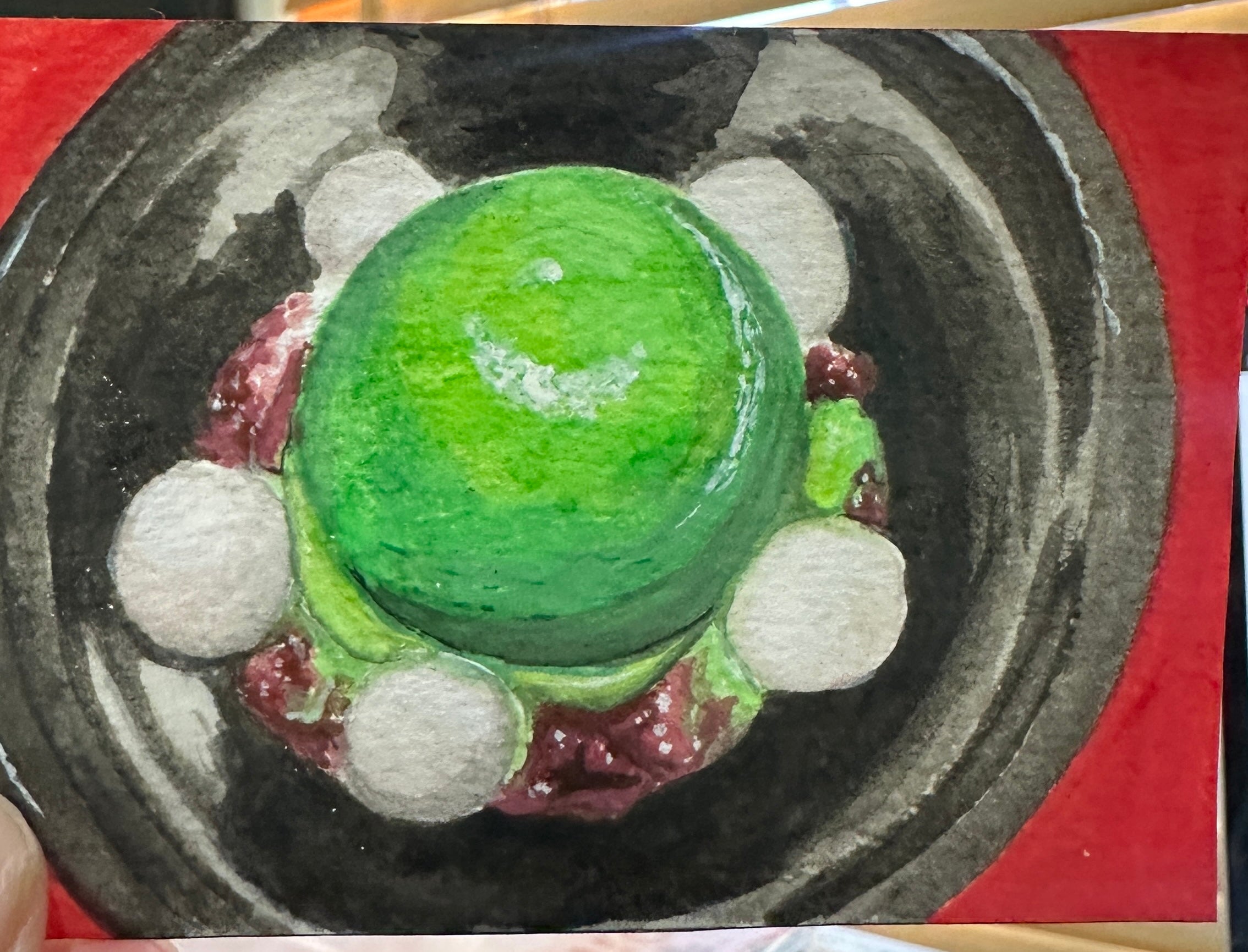 Matcha Mochi Red Bean Dessert — Original ACEO Gouache Painting | 2.5×3.5" | PUNPARIN