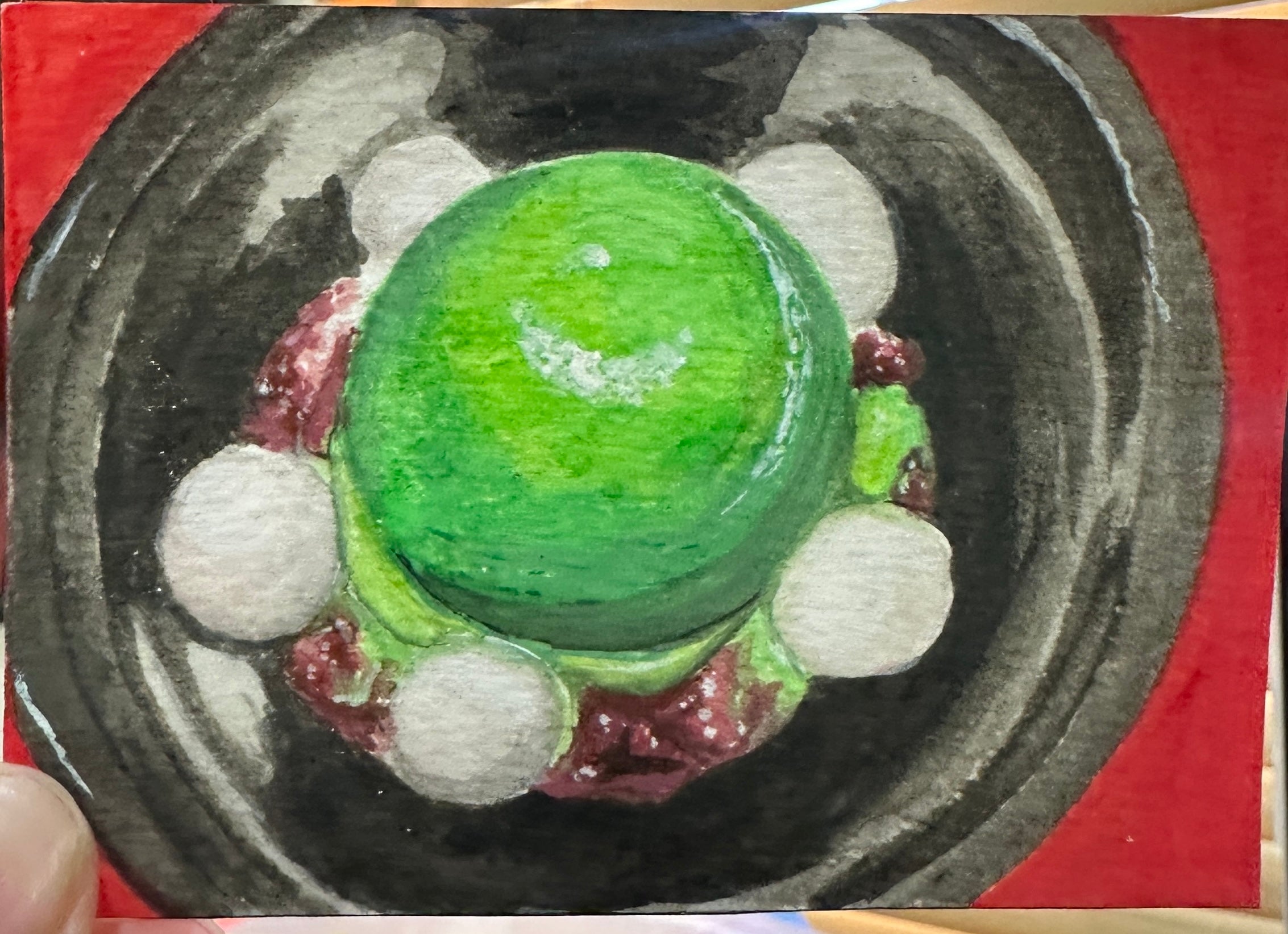 Matcha Mochi Red Bean Dessert — Original ACEO Gouache Painting | 2.5×3.5" | PUNPARIN