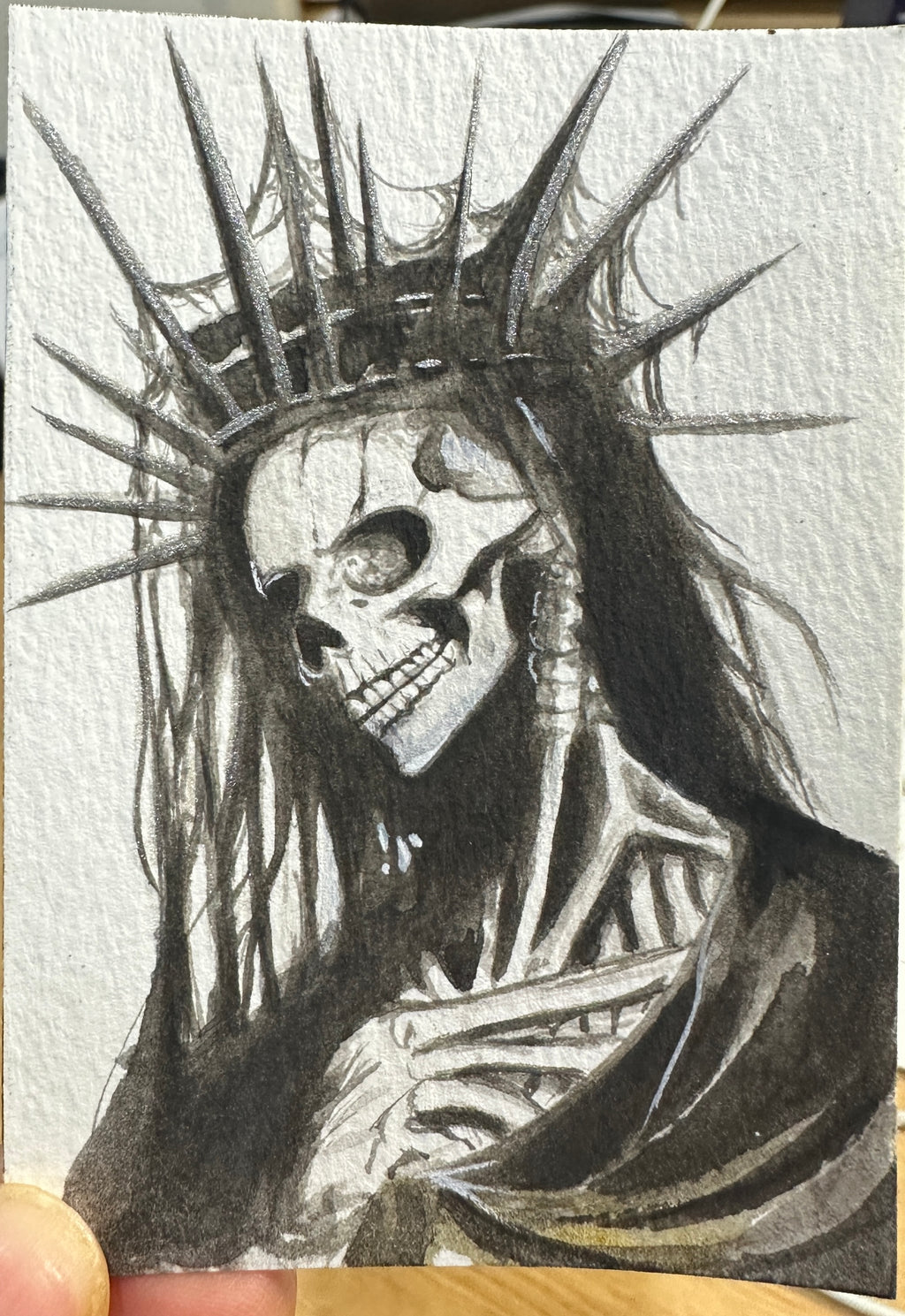 Skeleton Queen – Original ACEO Gouache Painting | Dark Gothic Art | 2.5" × 3.5"
