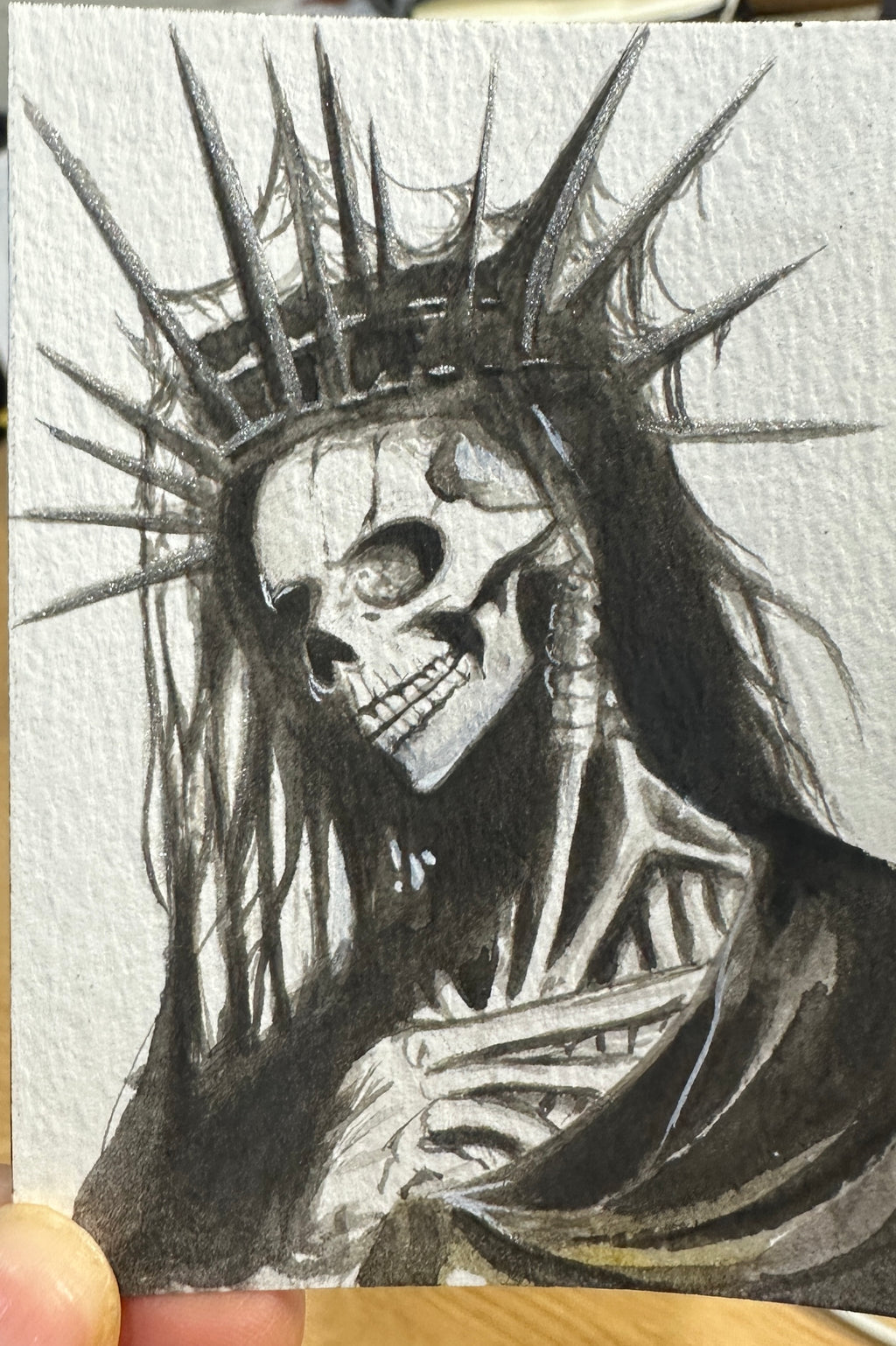 Skeleton Queen – Original ACEO Gouache Painting | Dark Gothic Art | 2.5" × 3.5"