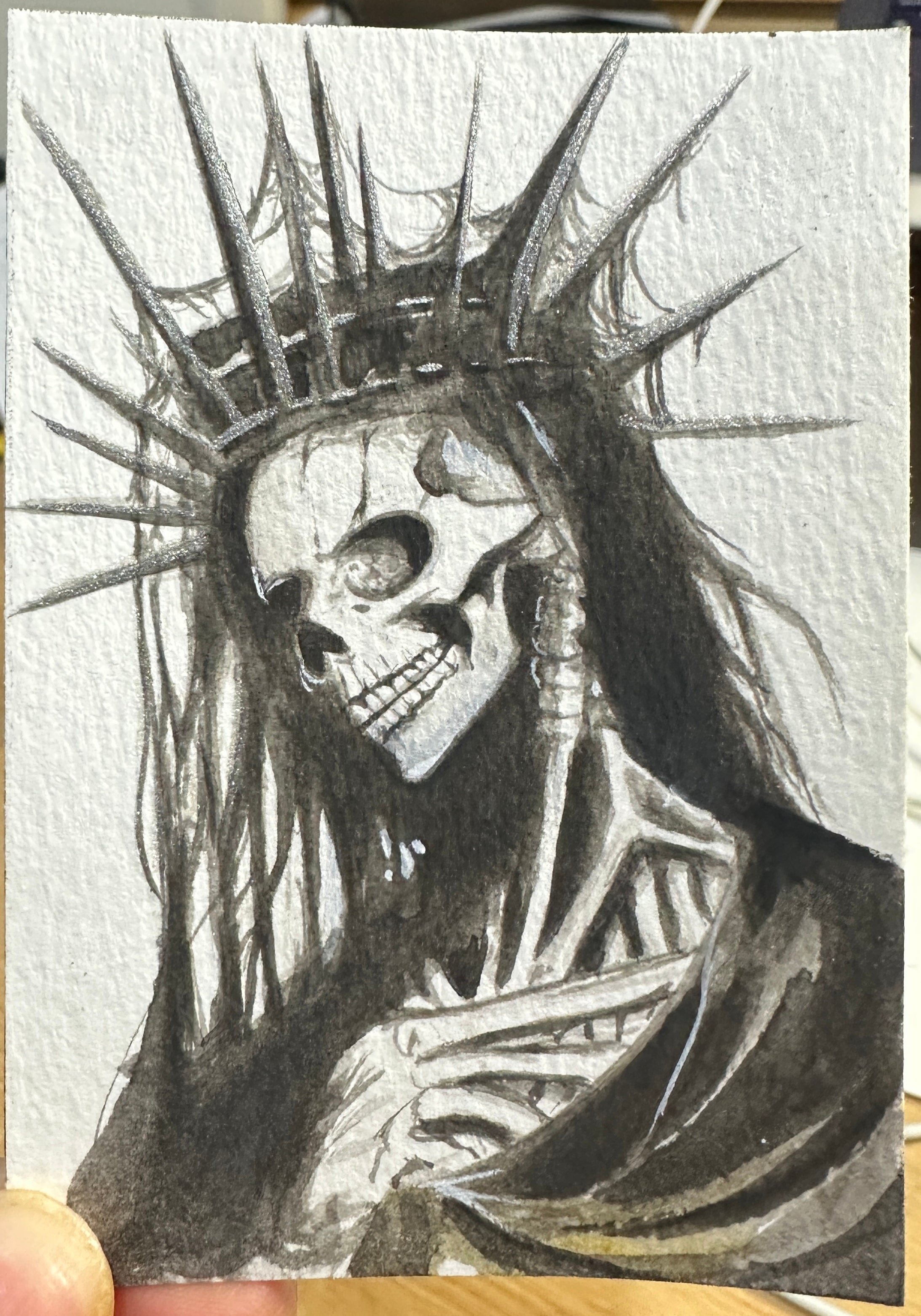 Skeleton Queen – Original ACEO Gouache Painting | Dark Gothic Art | 2.5" × 3.5"