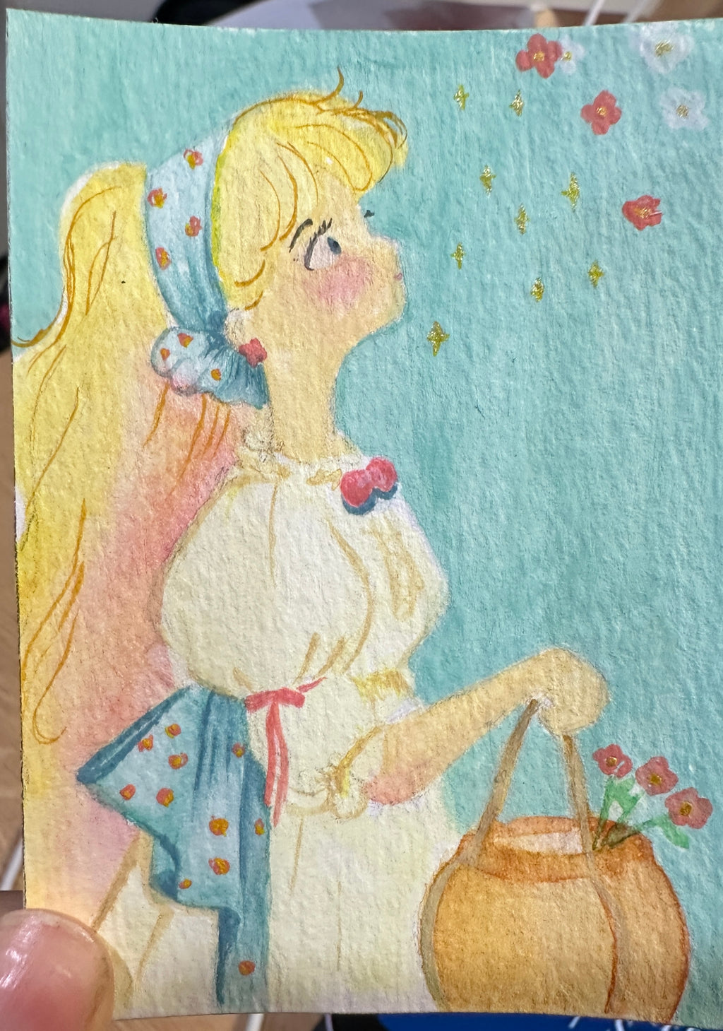 Dreamy Girl with Flower Basket — Mixed Media ACEO Original Painting