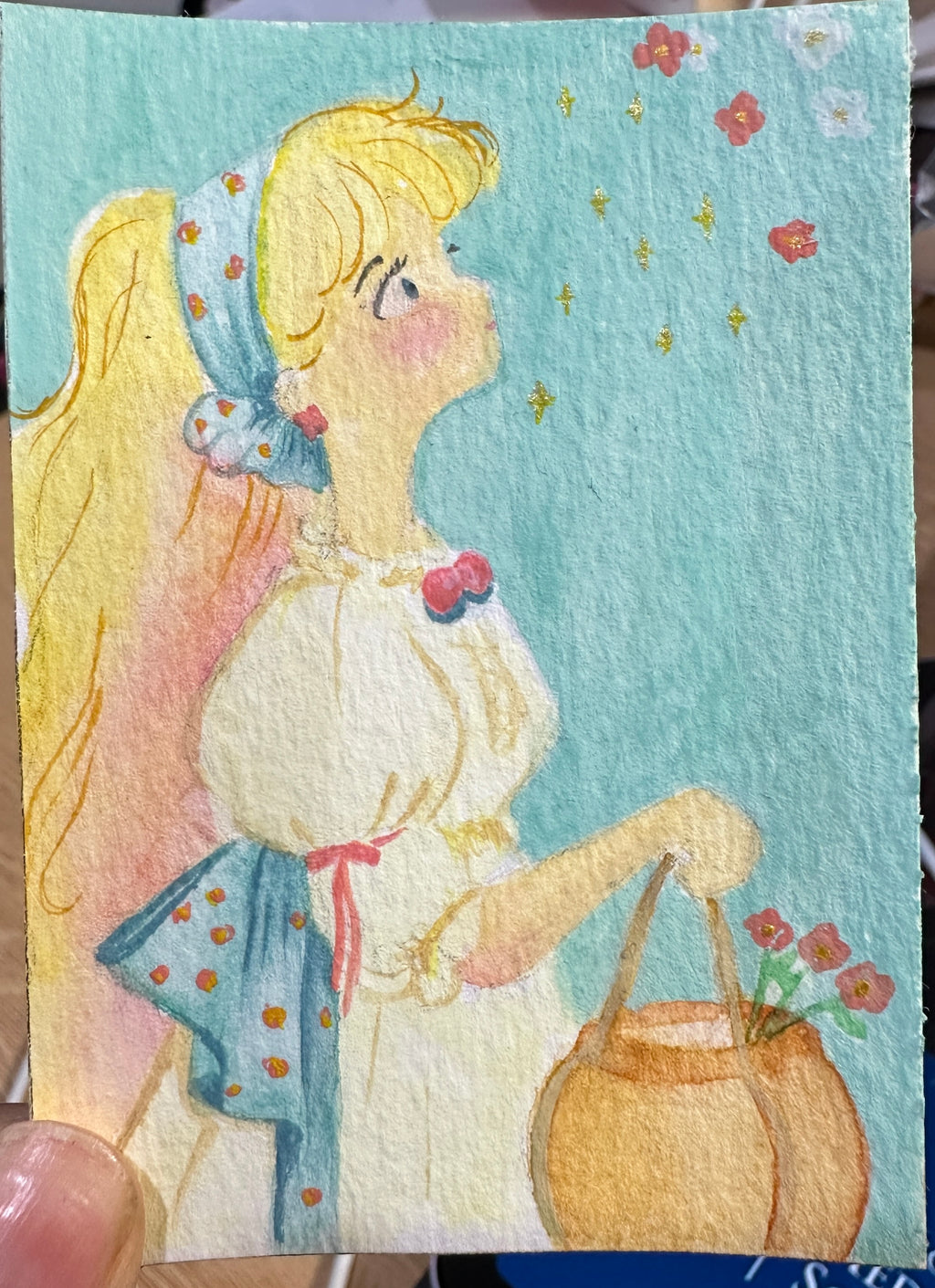 Dreamy Girl with Flower Basket — Mixed Media ACEO Original Painting