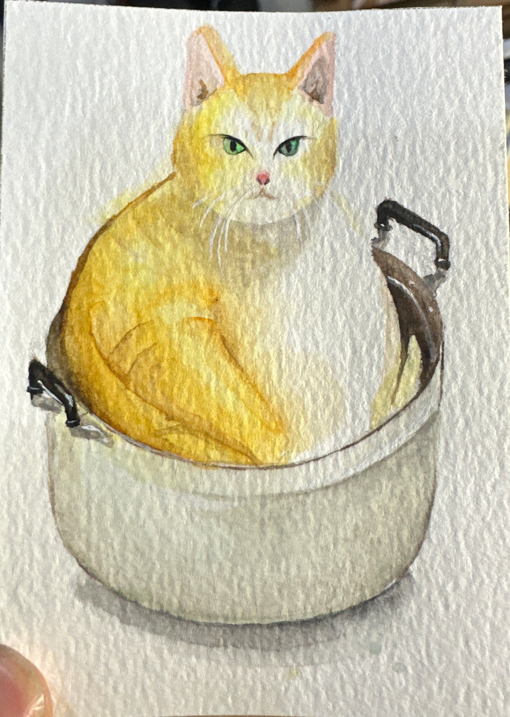 Ginger Cat in a Casserole — Watercolour ACEO Original Painting | PUNPARIN ART
